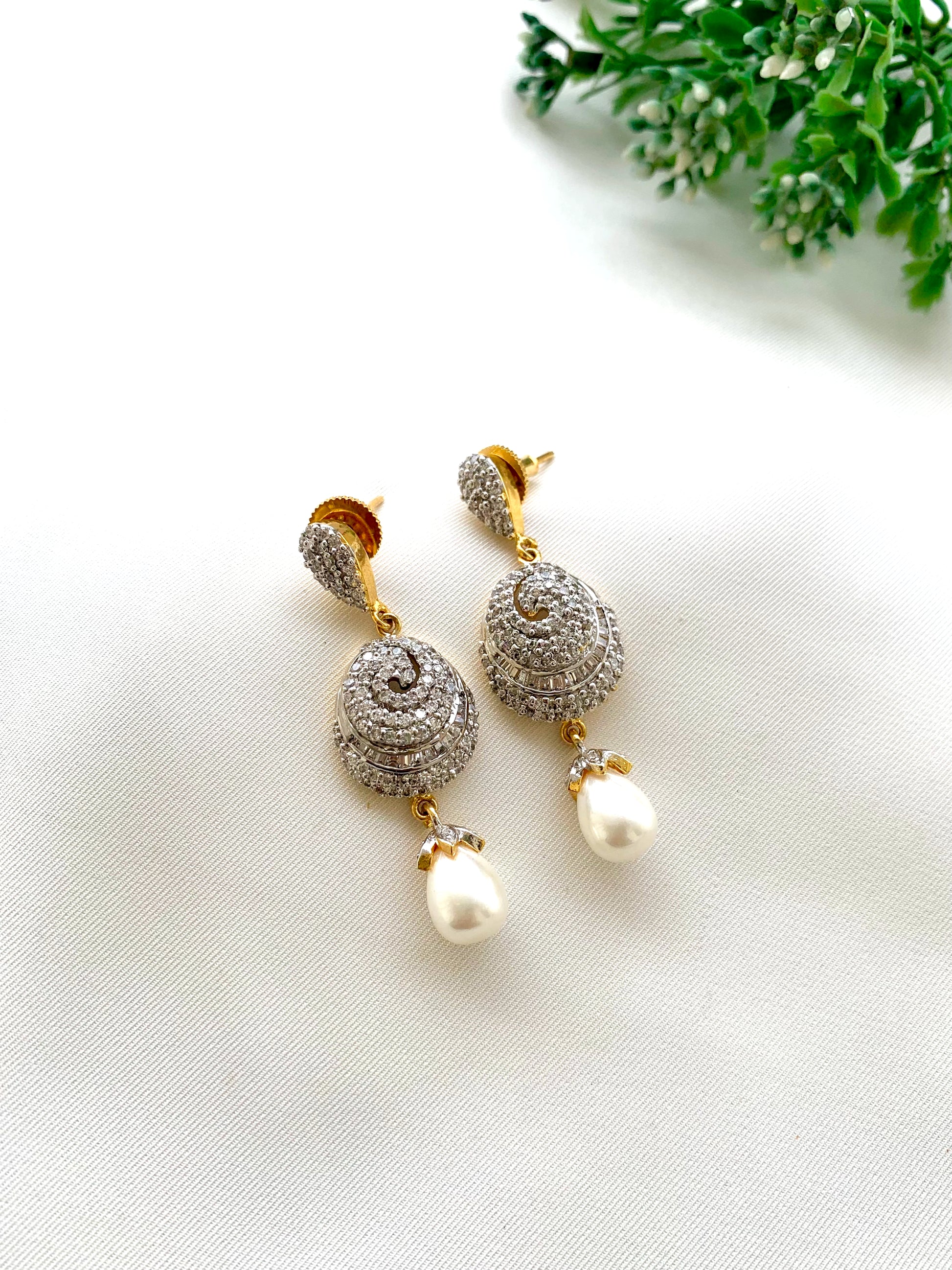 Nikki handcrafted 22kt gold plated earrings featuring American Diamonds and semi-precious Pearls