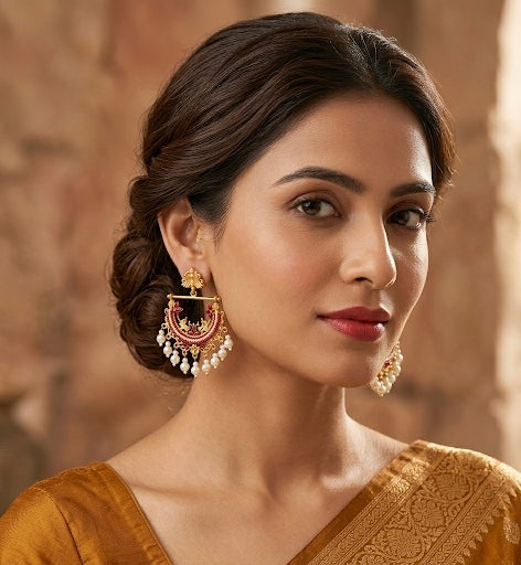 Woman wearing gold earrings with a blurred background