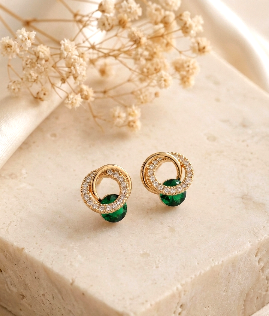 Noa handcrafted 22kt Victorian Gold plated gemstone stud earrings with American Diamonds in White, Sapphire, Emerald and Onyx variants
