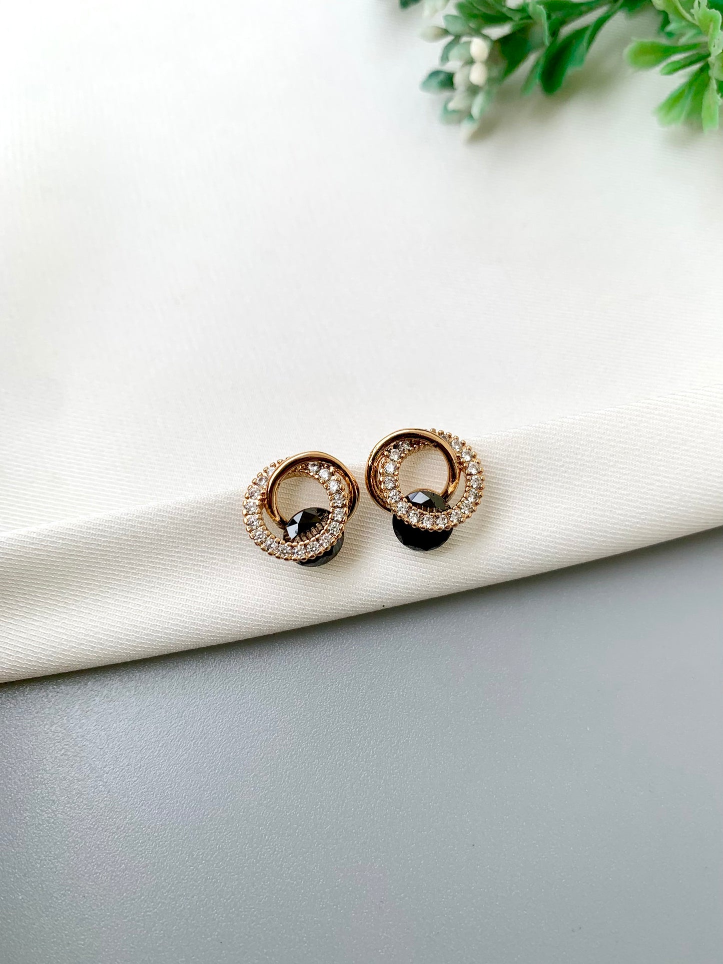 Noa handcrafted 22kt Victorian Gold plated gemstone stud earrings with American Diamonds in White, Sapphire, Emerald and Onyx variants