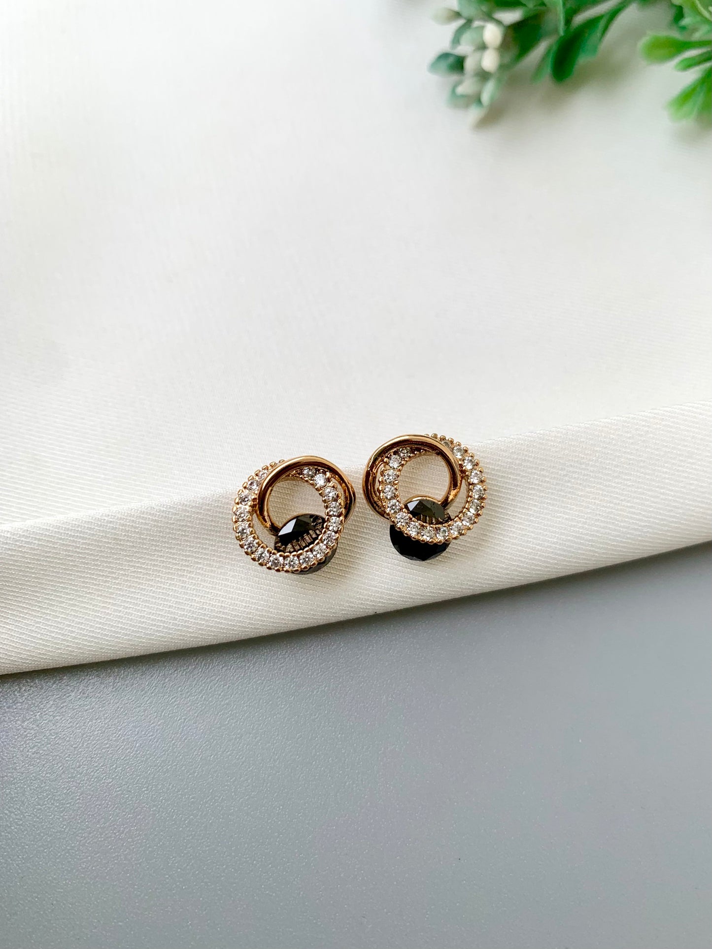 Noa handcrafted 22kt Victorian Gold plated gemstone stud earrings with American Diamonds in White, Sapphire, Emerald and Onyx variants