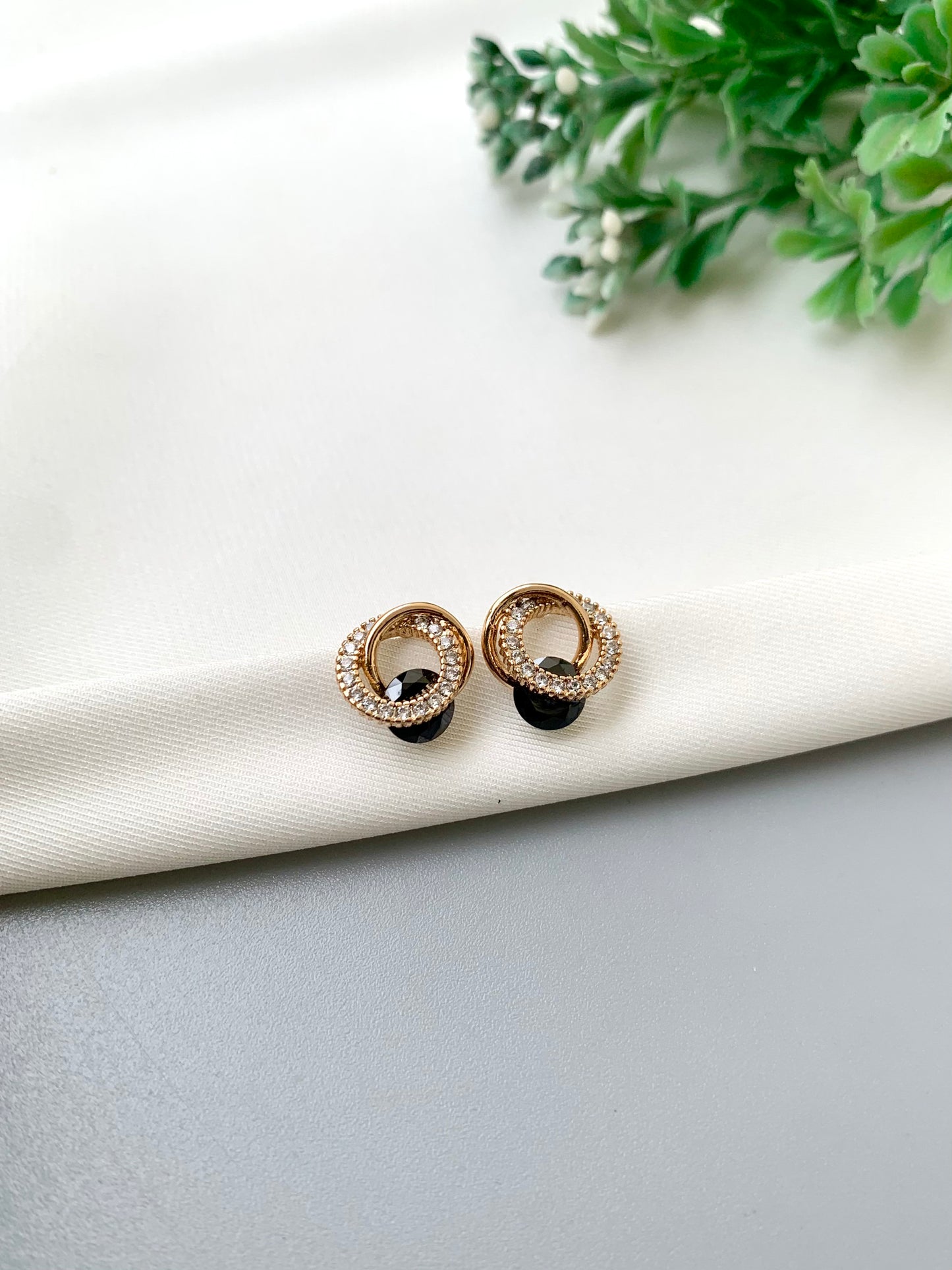 Noa handcrafted 22kt Victorian Gold plated gemstone stud earrings with American Diamonds in White, Sapphire, Emerald and Onyx variants
