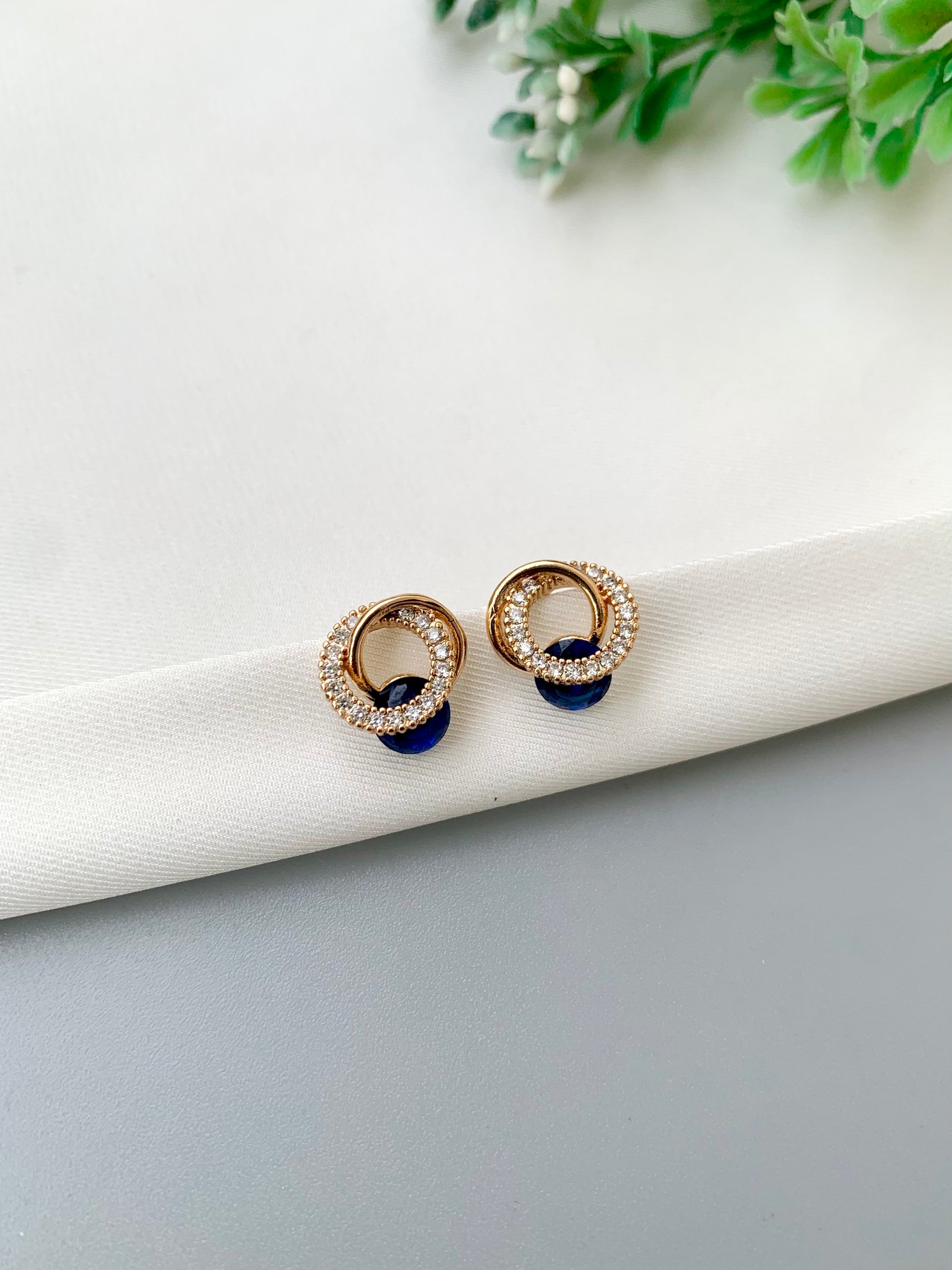 Noa handcrafted 22kt Victorian Gold plated gemstone stud earrings with American Diamonds in White, Sapphire, Emerald and Onyx variants