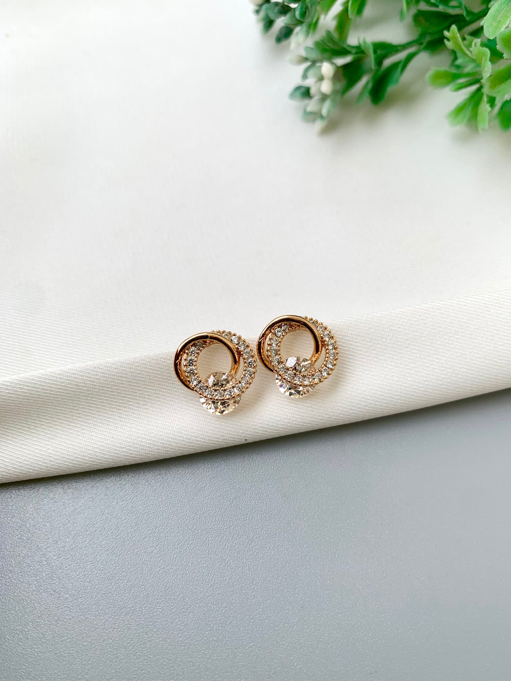 Noa handcrafted 22kt Victorian Gold plated gemstone stud earrings with American Diamonds in White, Sapphire, Emerald and Onyx variants