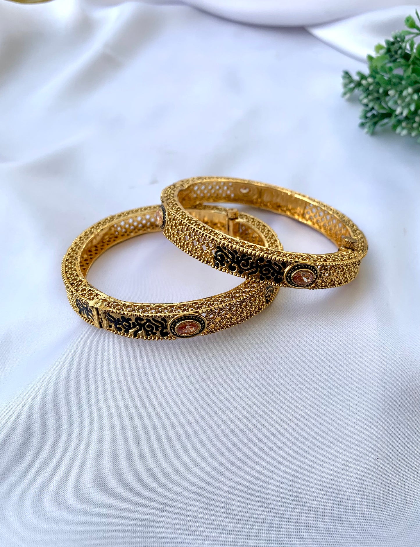 22kt Gold Plated Openable Bangle Pair with Meena and Champagne Stone – Zamal Jewels