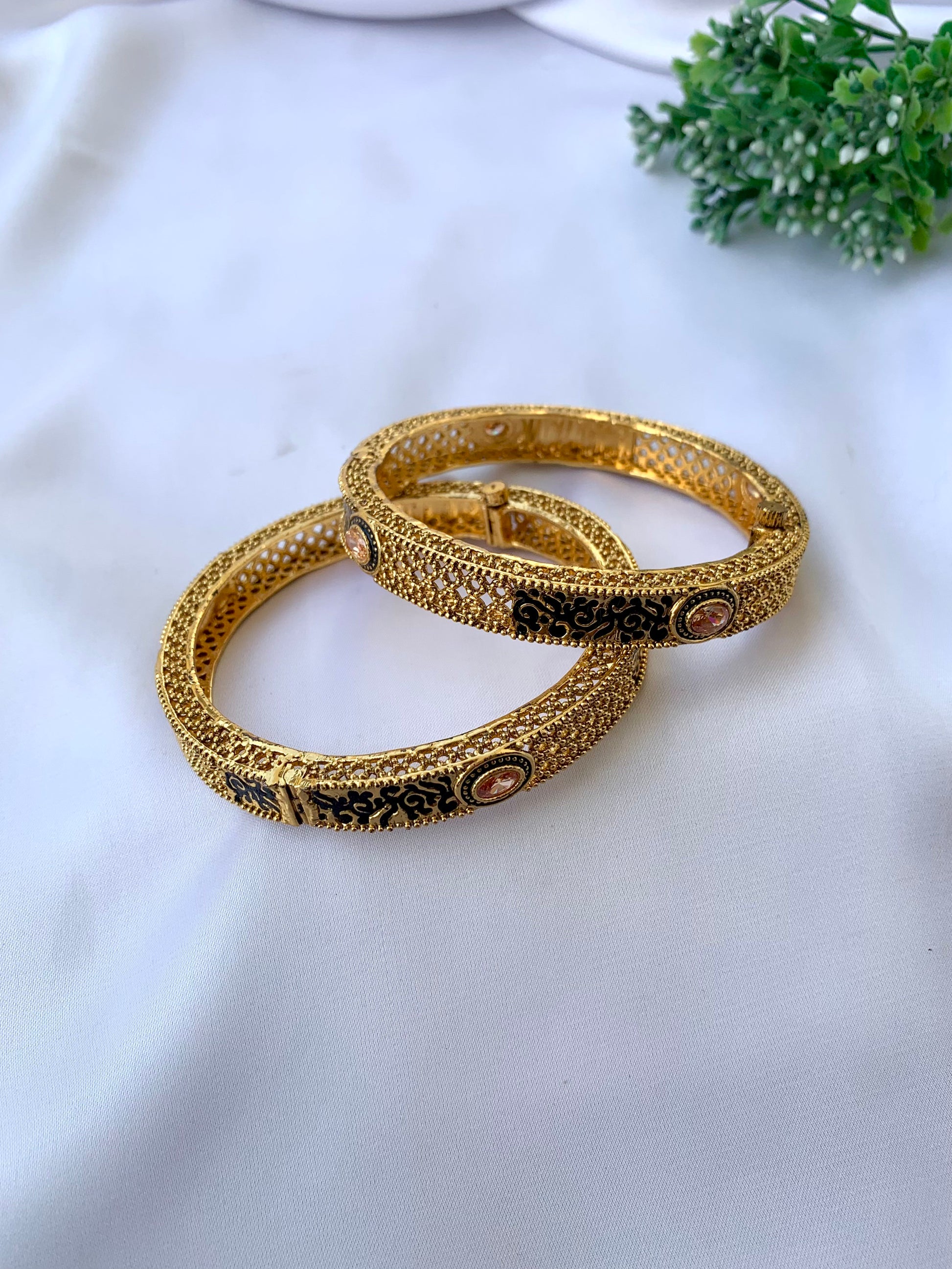 22kt Gold Plated Openable Bangle Pair with Meena and Champagne Stone – Zamal Jewels