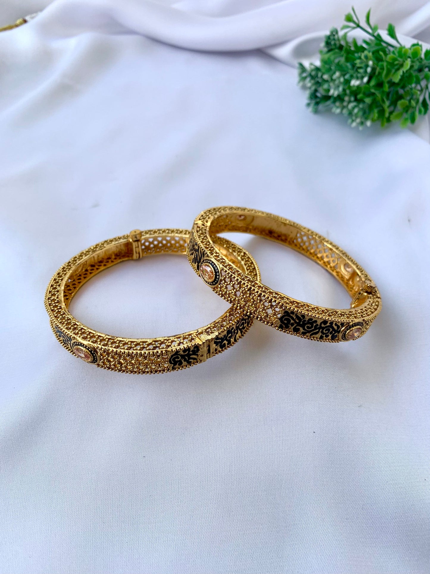 22kt Gold Plated Openable Bangle Pair with Meena and Champagne Stone – Zamal Jewels