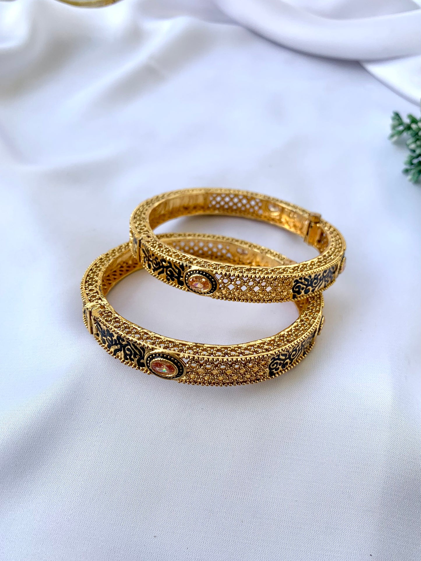 22kt Gold Plated Openable Bangle Pair with Meena and Champagne Stone – Zamal Jewels