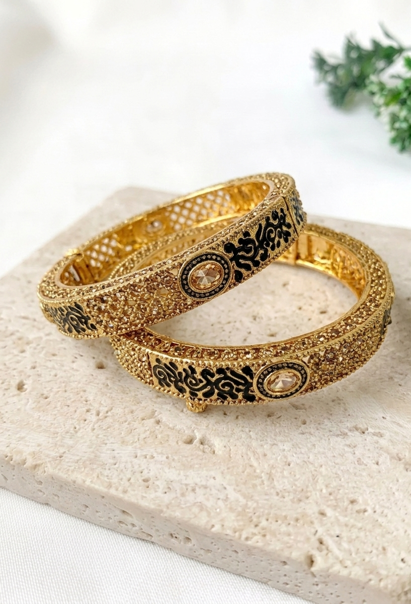 22kt Gold Plated Openable Bangle Pair with Meena and Champagne Stone – Zamal Jewels