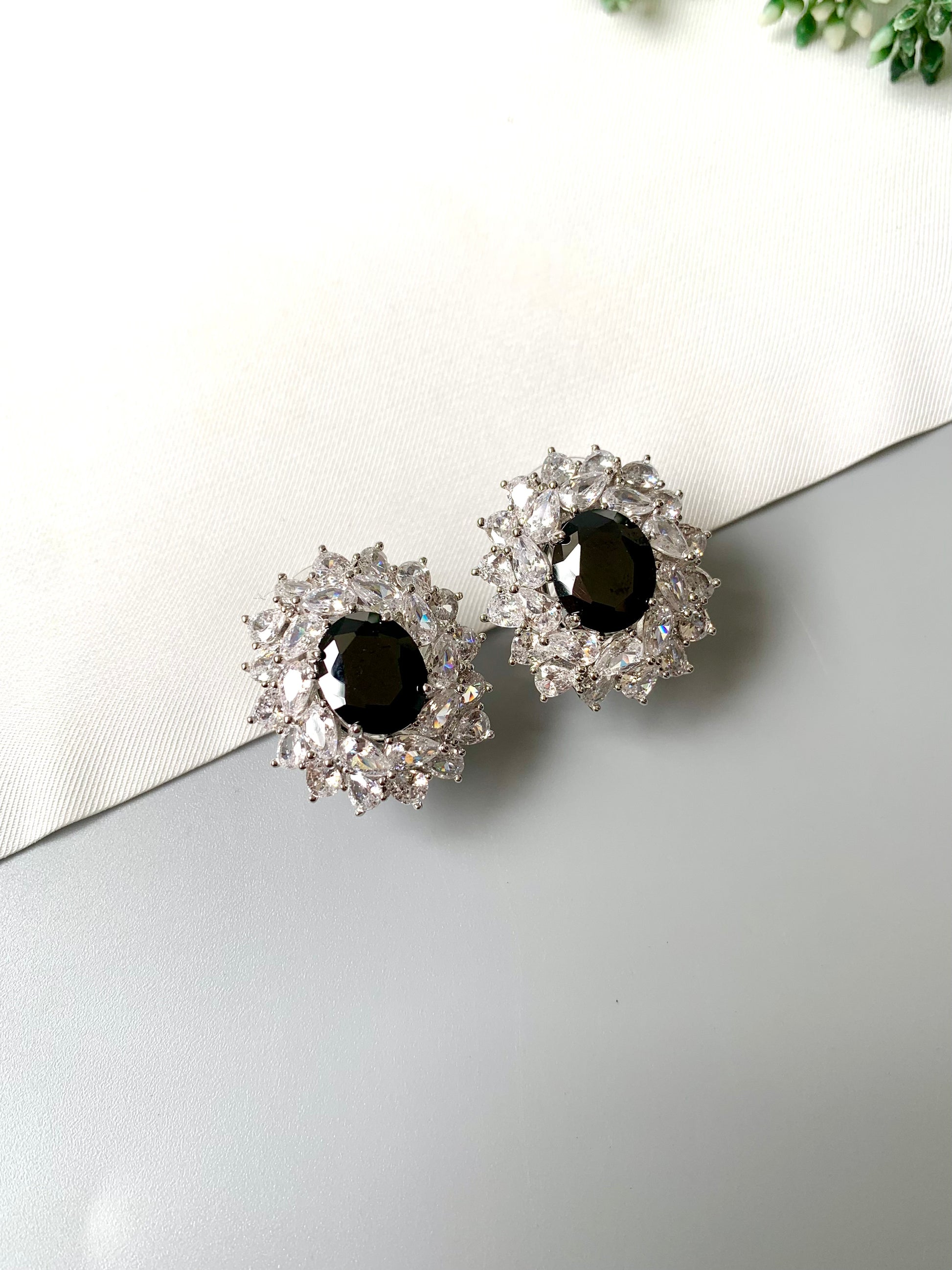 Pair of Noir Celeste Studs by Zamal Jewels in rhodium plating with onyx and American Diamonds