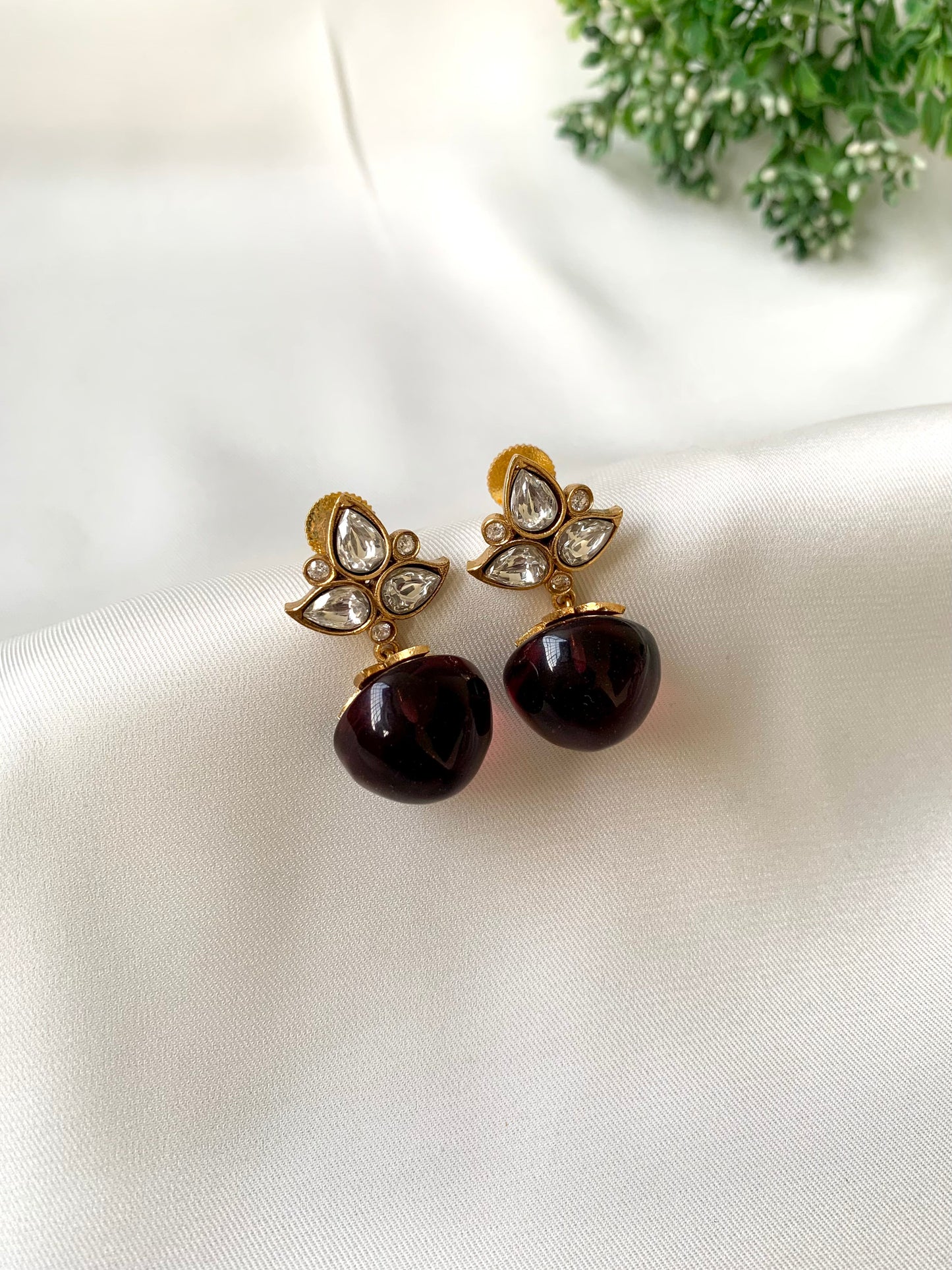 Hand crafted Nola Amethyst earrings in 22kt Victorian gold plating with Moissanite Kundan and semi-precious Amethyst stones