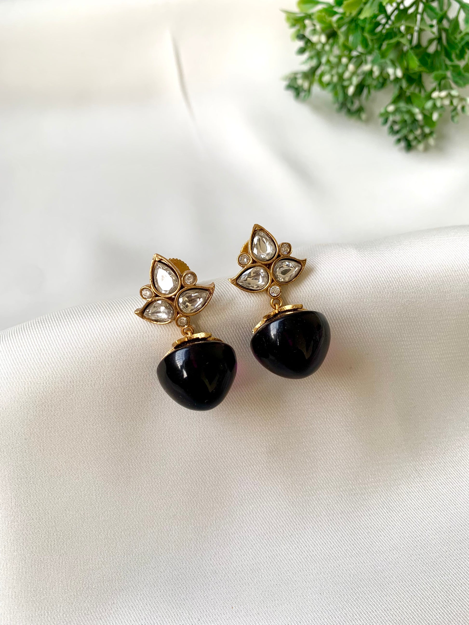 Hand crafted Nola Amethyst earrings in 22kt Victorian gold plating with Moissanite Kundan and semi-precious Amethyst stones