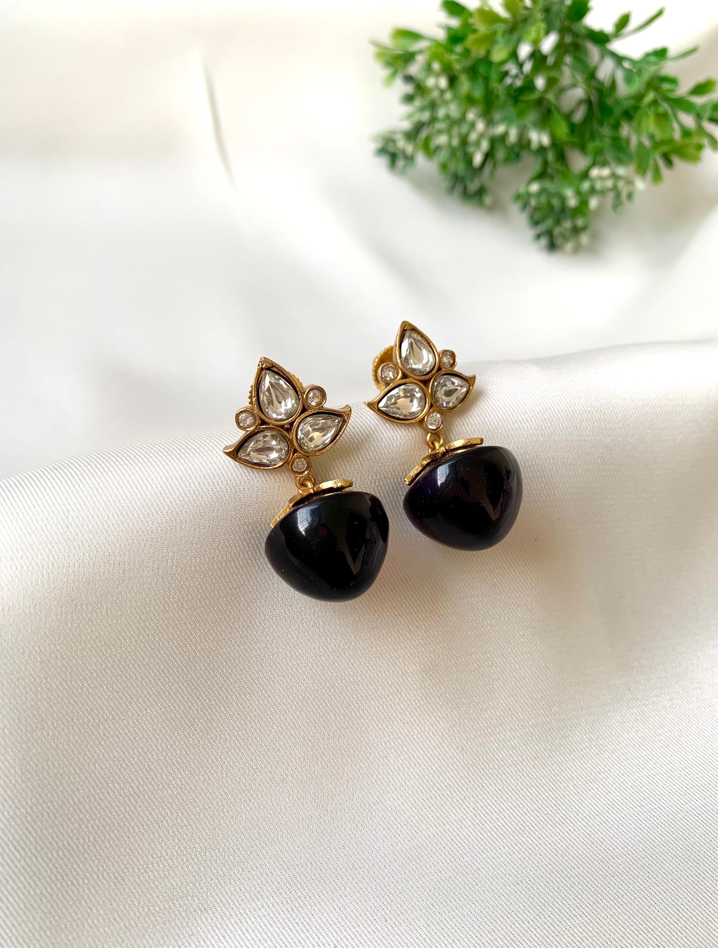 Hand crafted Nola Amethyst earrings in 22kt Victorian gold plating with Moissanite Kundan and semi-precious Amethyst stones