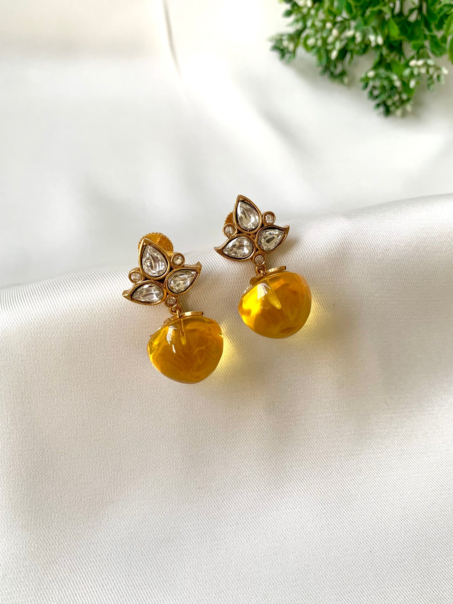 Hand crafted Nola Citrine earrings in 22kt Victorian gold plating with Moissanite Kundan and semi-precious Citrine stones