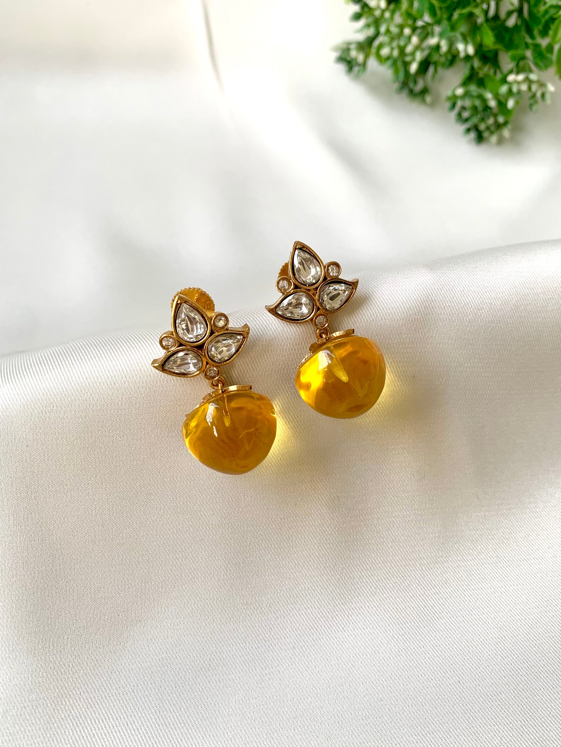 Hand crafted Nola Citrine earrings in 22kt Victorian gold plating with Moissanite Kundan and semi-precious Citrine stones