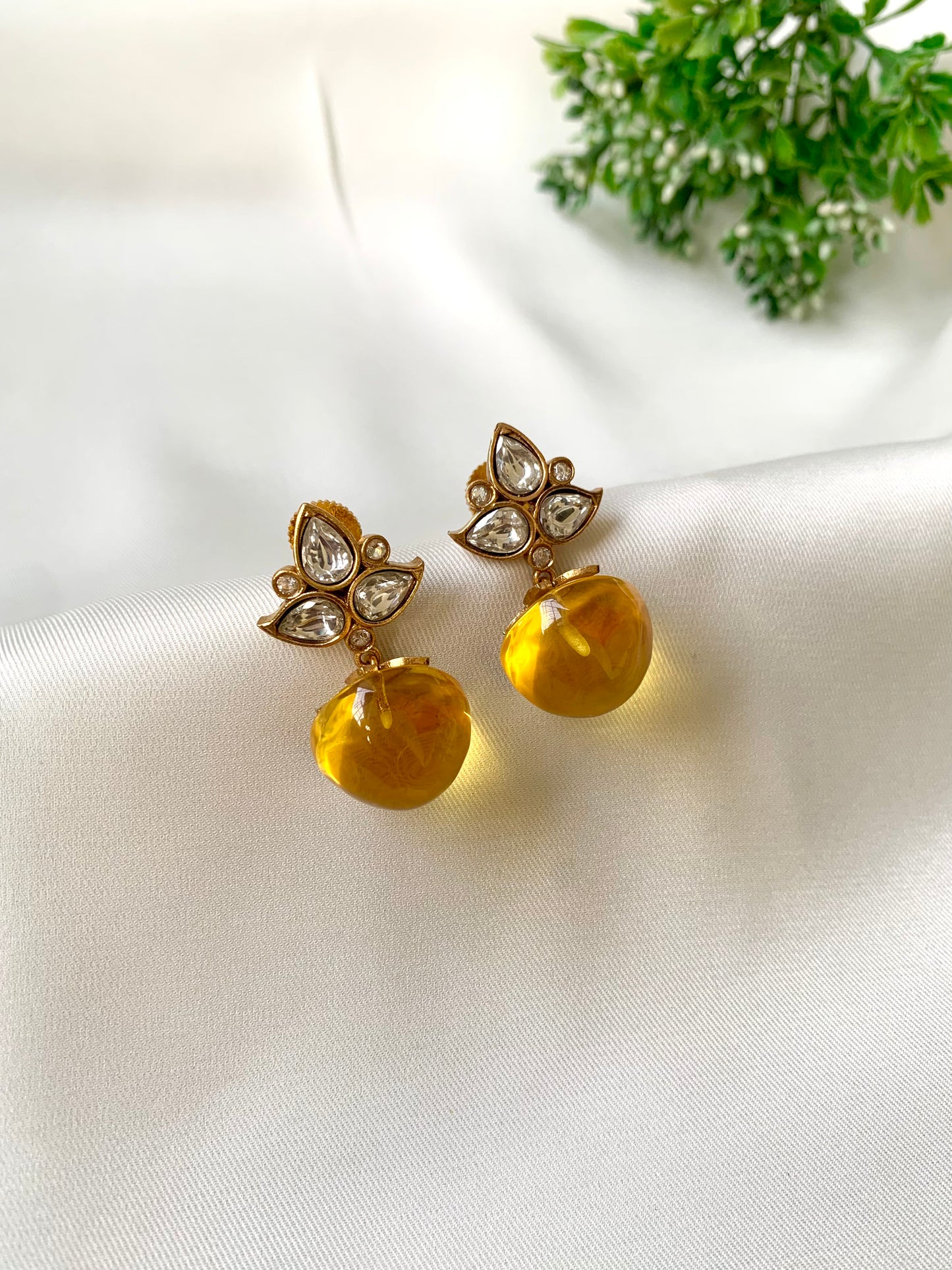 Hand crafted Nola Citrine earrings in 22kt Victorian gold plating with Moissanite Kundan and semi-precious Citrine stones