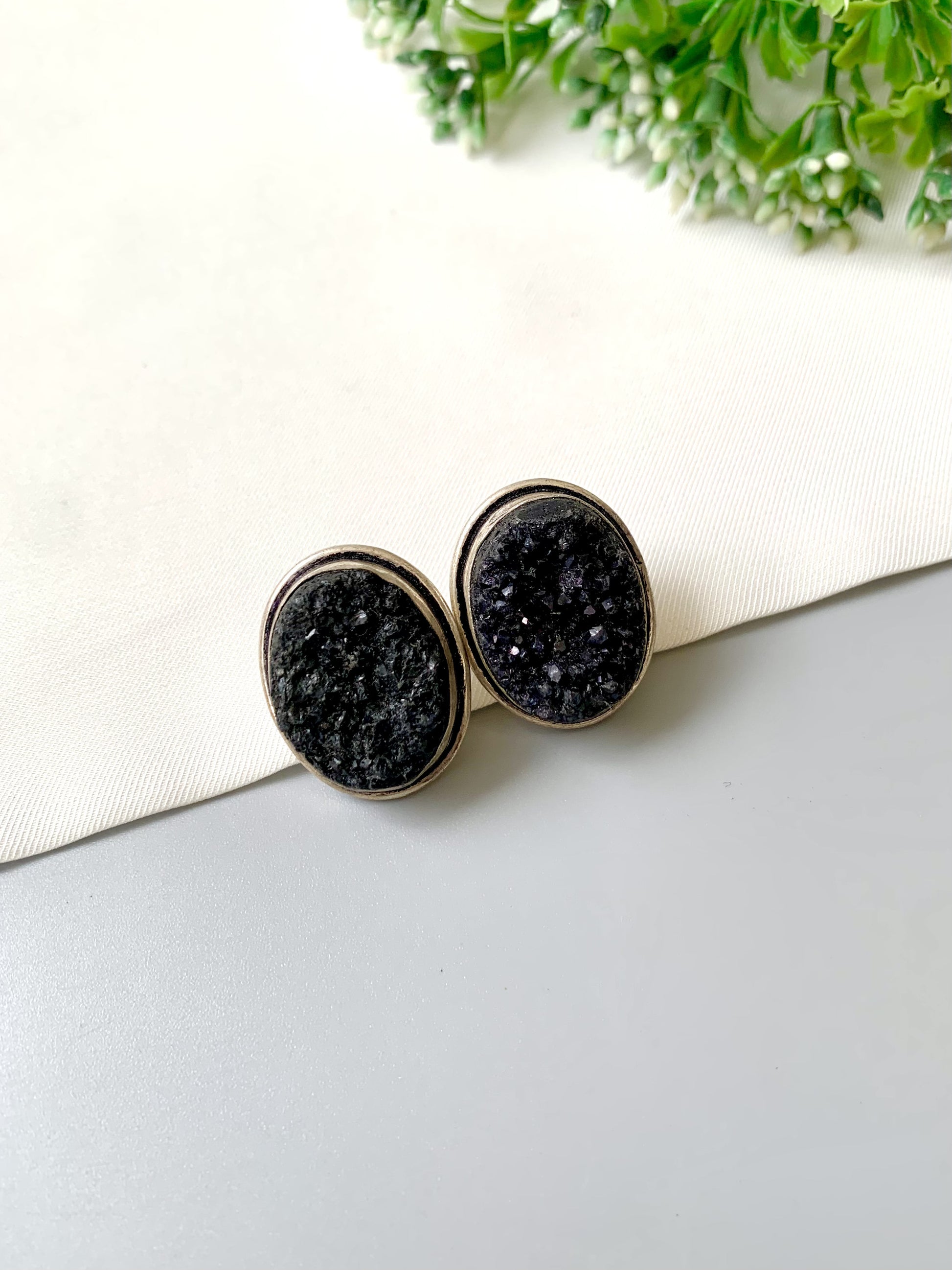 Nyra Druzy Studs in rhodium plating with natural druzy gemstone by Zamal Jewels