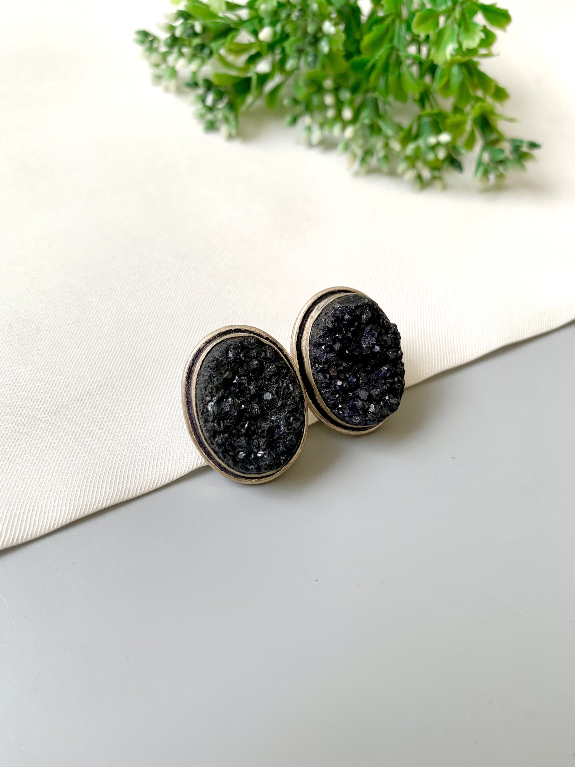 Nyra Druzy Studs in rhodium plating with natural druzy gemstone by Zamal Jewels