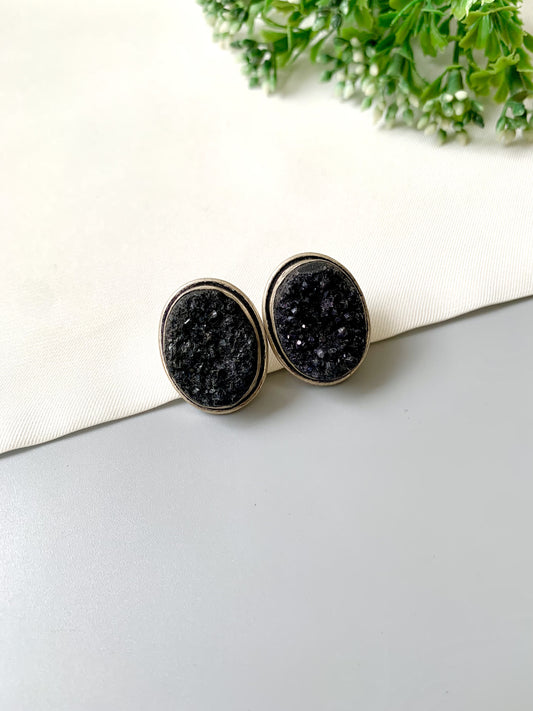 Nyra Druzy Studs in rhodium plating with natural druzy gemstone by Zamal Jewels