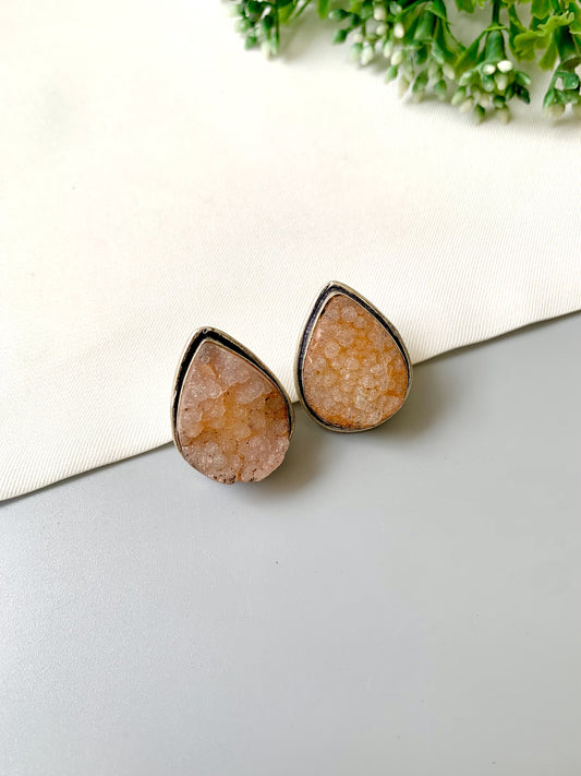 Nyra Teardrop Druzy Studs in rhodium plating with natural druzy gemstone by Zamal Jewels