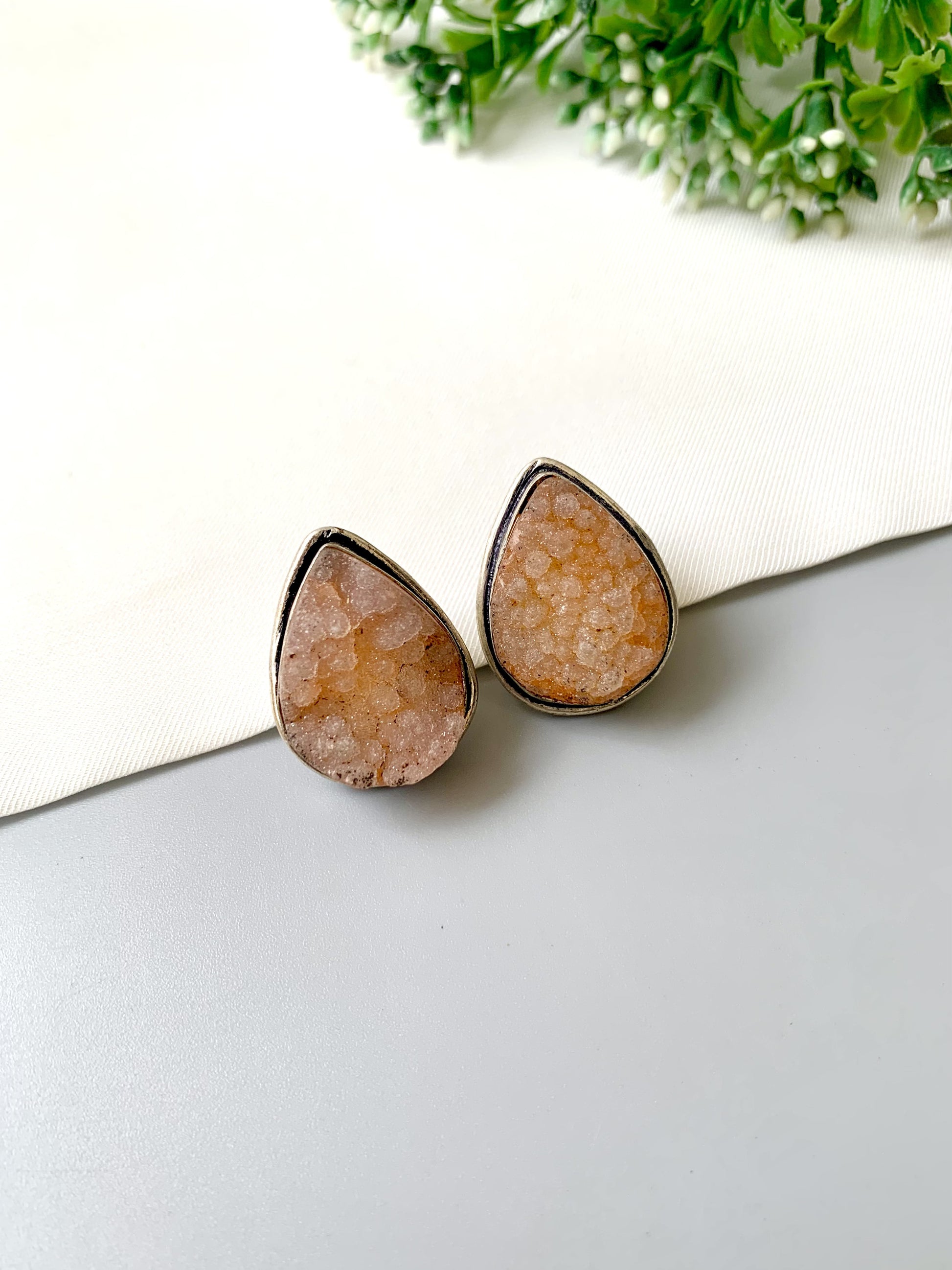 Nyra Teardrop Druzy Studs in rhodium plating with natural druzy gemstone by Zamal Jewels