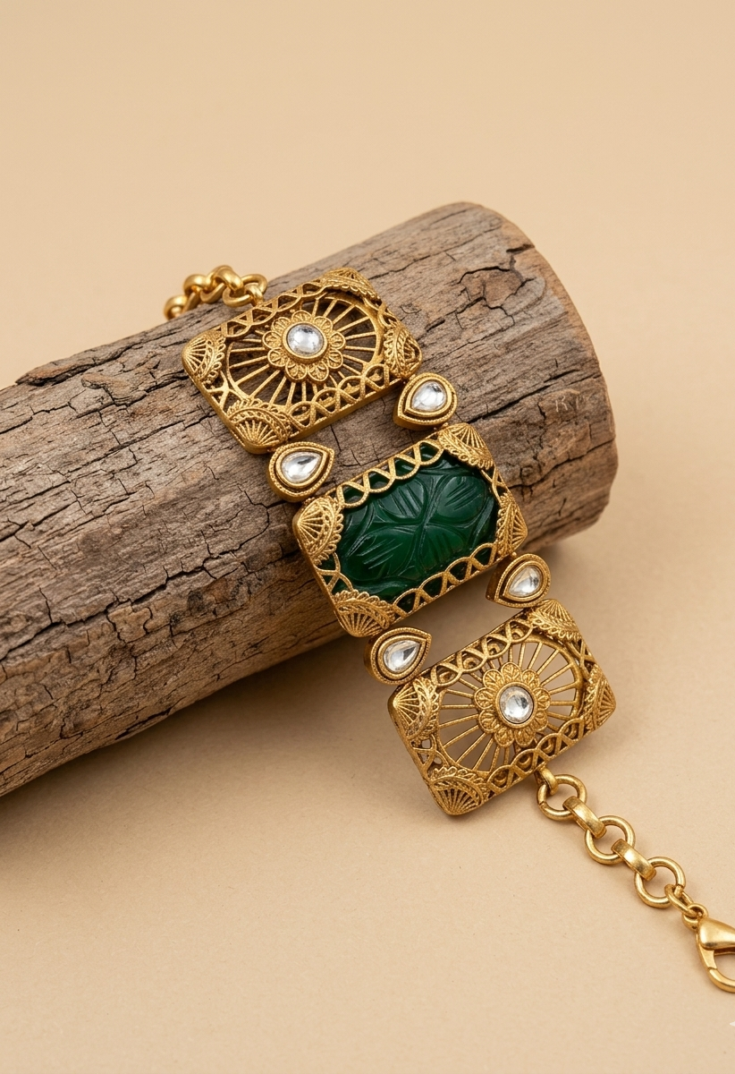 Parishay emerald kundan bracelet in victorian rose gold plating with hand carved gemstone