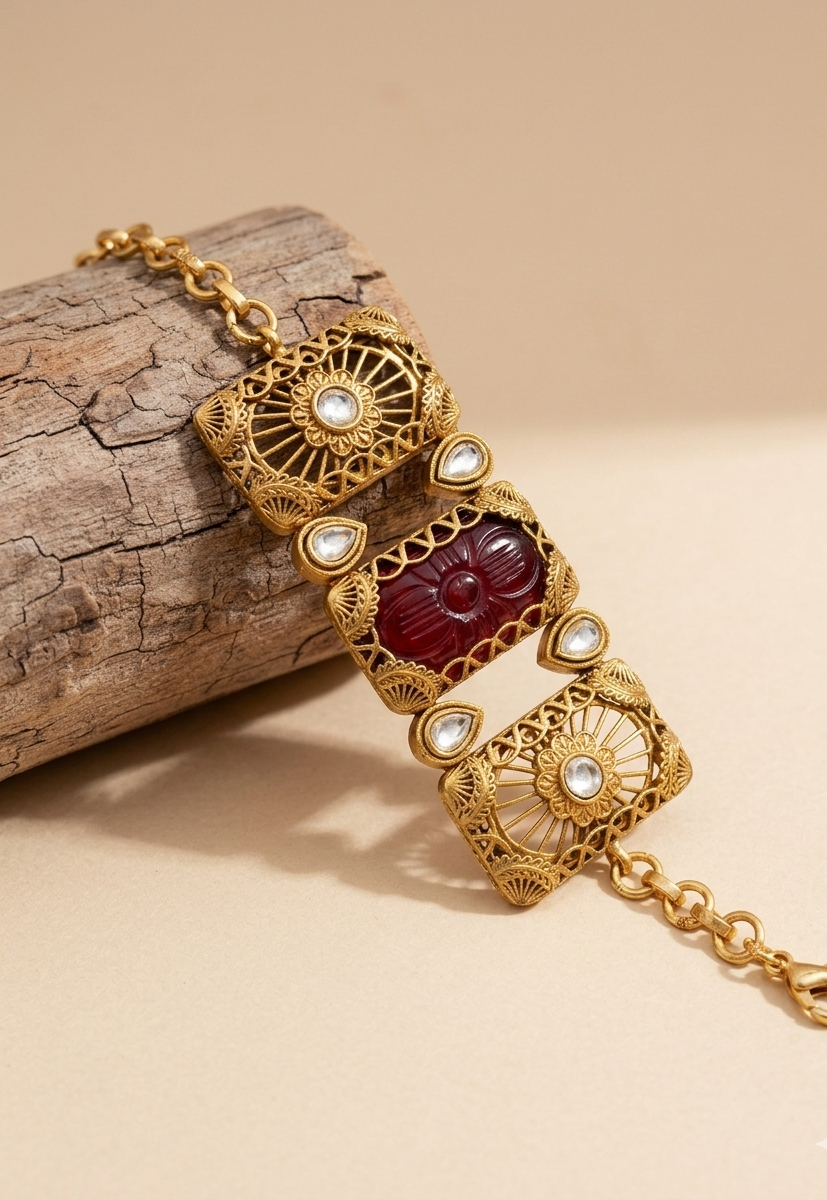 Parishay ruby kundan bracelet in victorian rose gold plating with hand carved gemstone