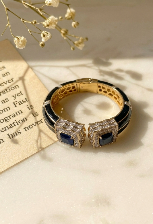 Railey designer bangle in 22kt gold plating with American diamonds, sapphire stones and hand painted meena