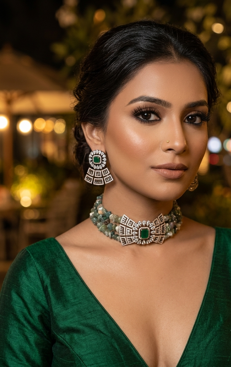 Ramisha handcrafted 22kt rose gold plated choker set with American diamonds, semi-precious emeralds and natural gemstones