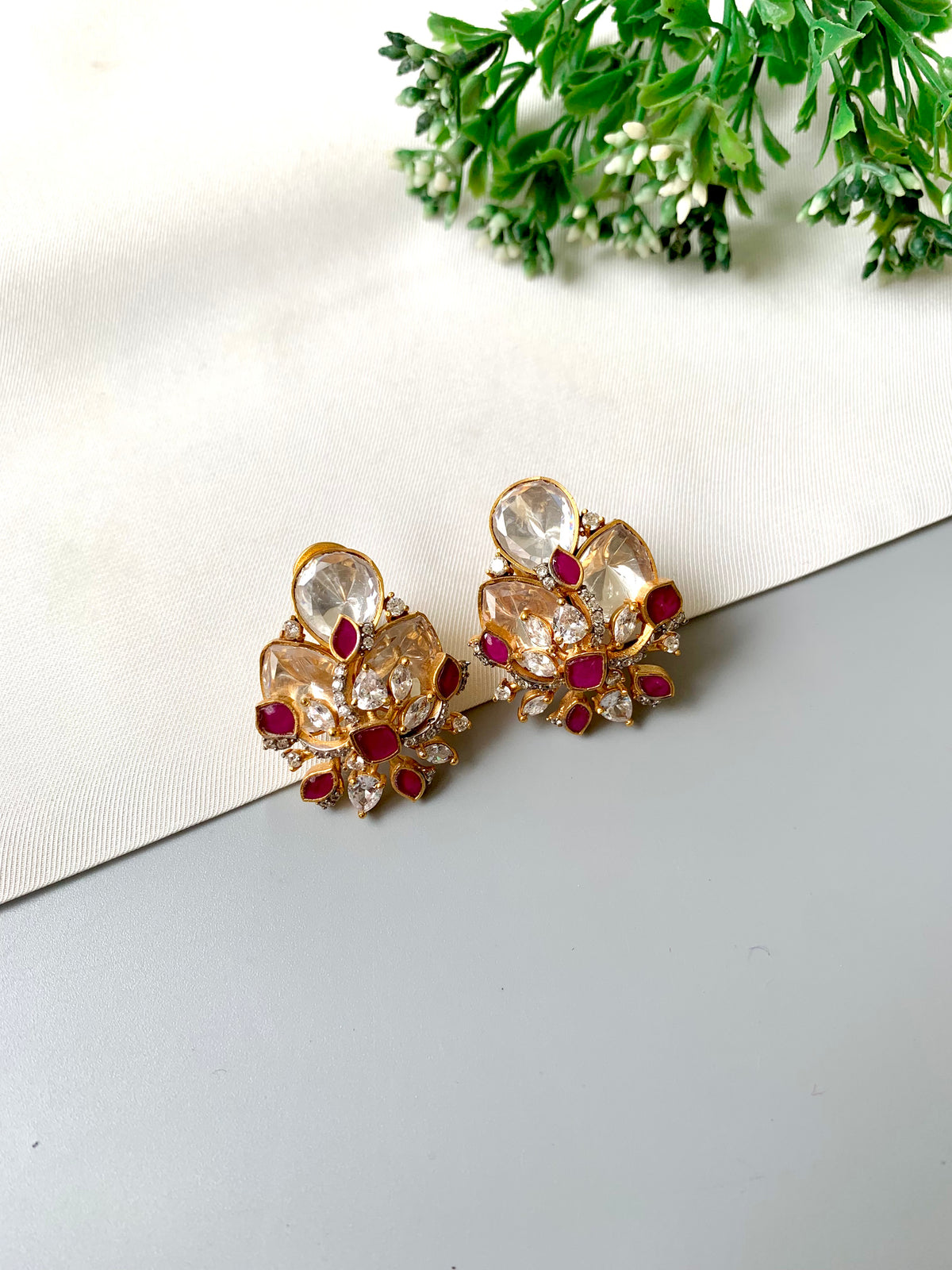 Rebecka handcrafted 22kt Gold plated studs with Moissanite, American Diamonds and semi-precious Rubies