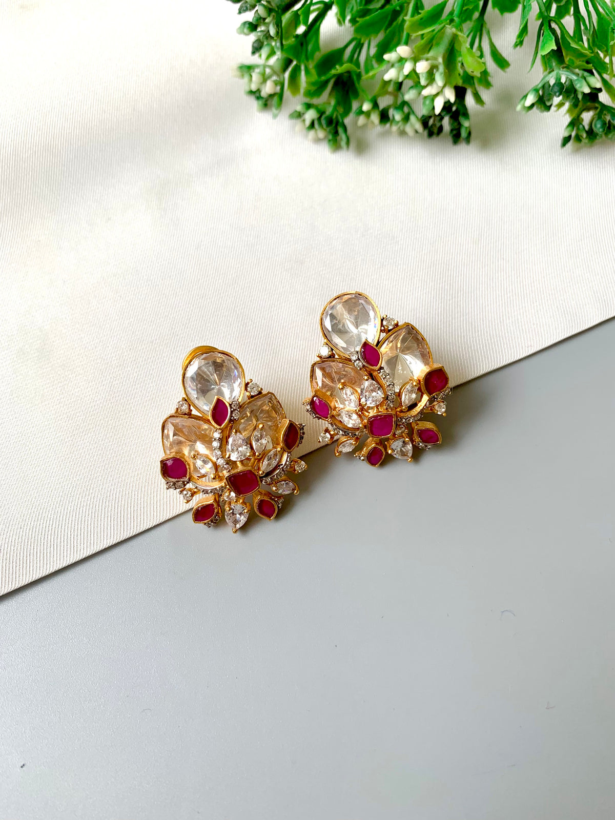 Rebecka handcrafted 22kt Gold plated studs with Moissanite, American Diamonds and semi-precious Rubies