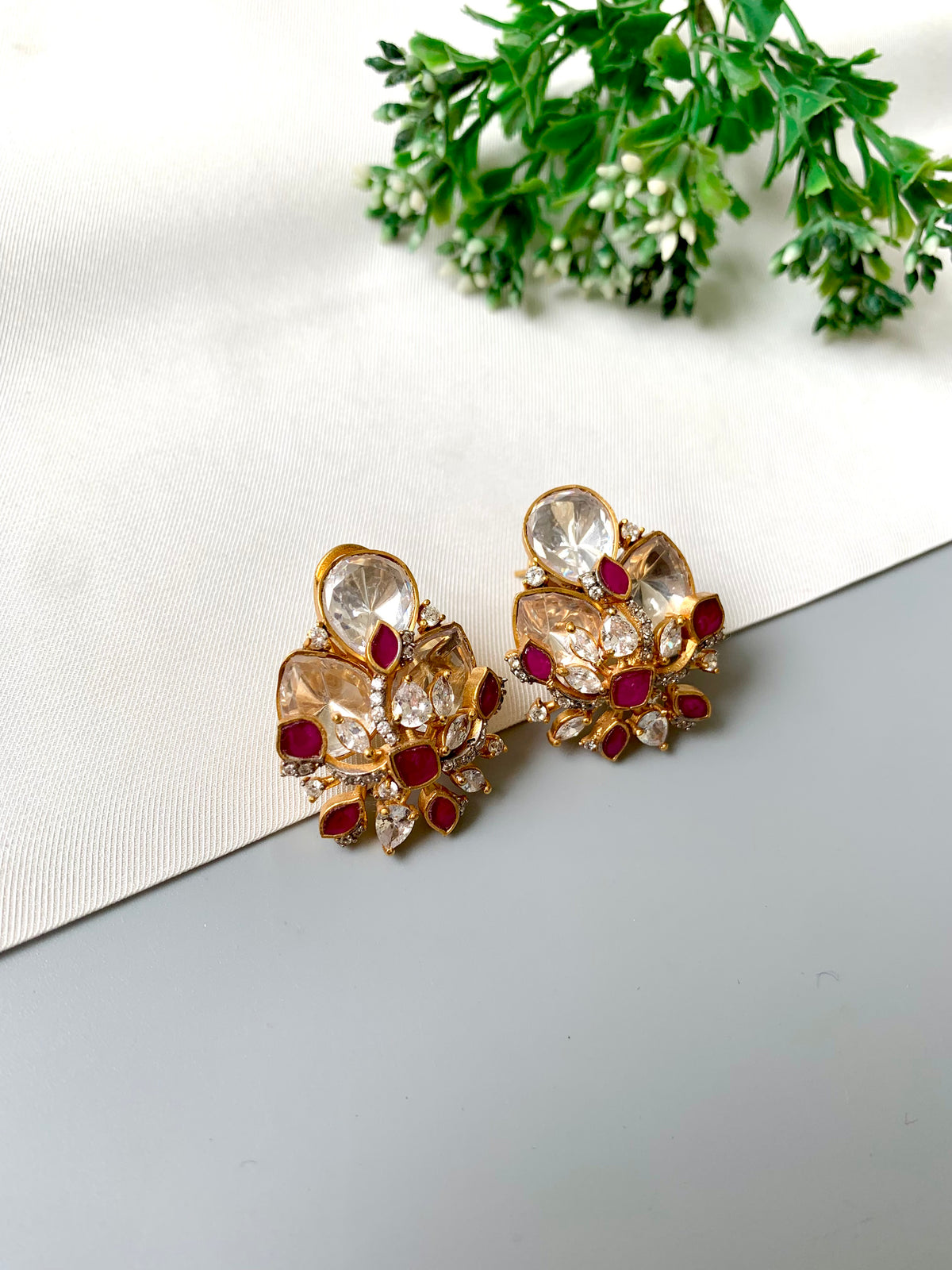 Rebecka handcrafted 22kt Gold plated studs with Moissanite, American Diamonds and semi-precious Rubies