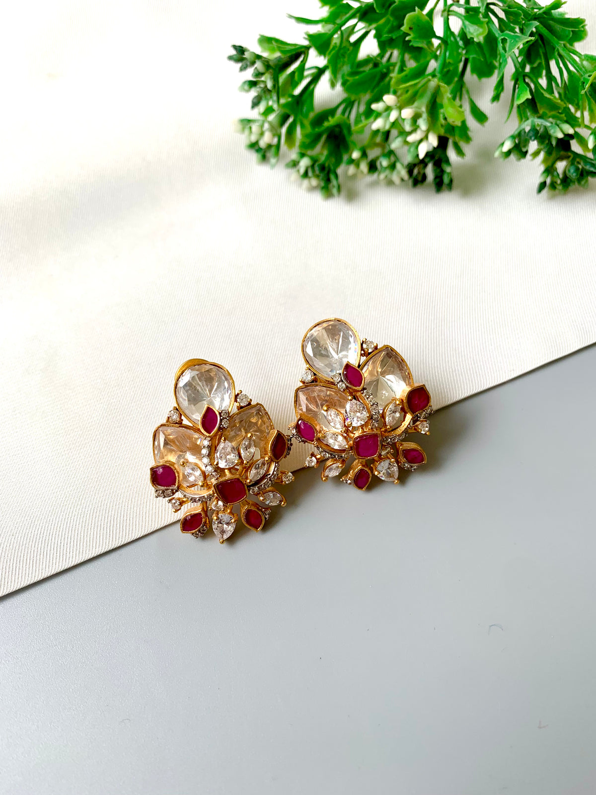 Rebecka handcrafted 22kt Gold plated studs with Moissanite, American Diamonds and semi-precious Rubies