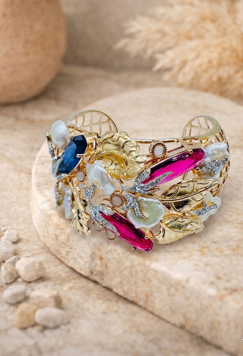 A multi colored cuff bracelet with a mix of precious and semi-precious gemstones, gold and silver plating with rose gold accents.