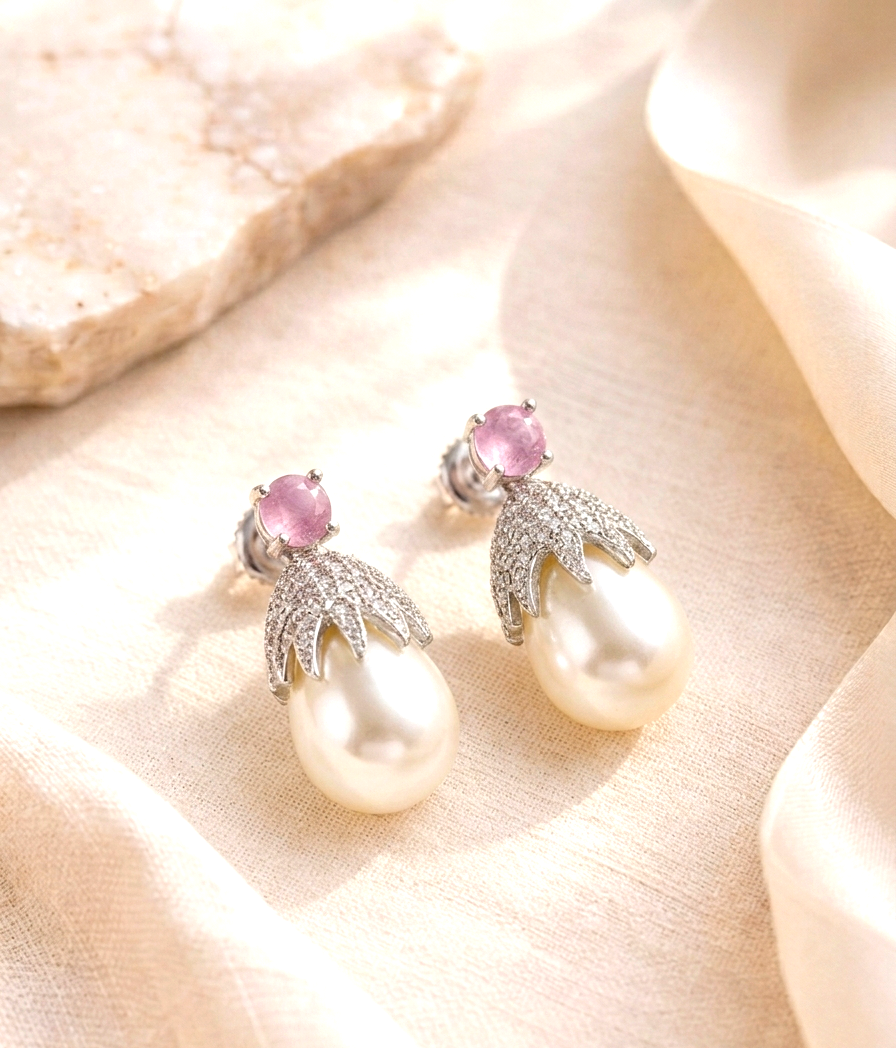 Remah handcrafted Rhodium plated earrings with Ruby, Pink Onyx and Pearls