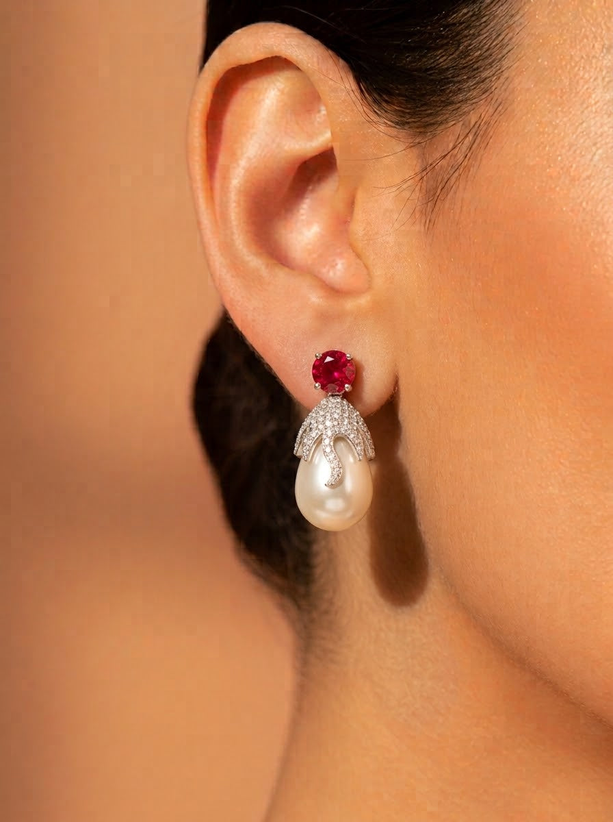 Remah handcrafted Rhodium plated earrings with Ruby, Pink Onyx and Pearls