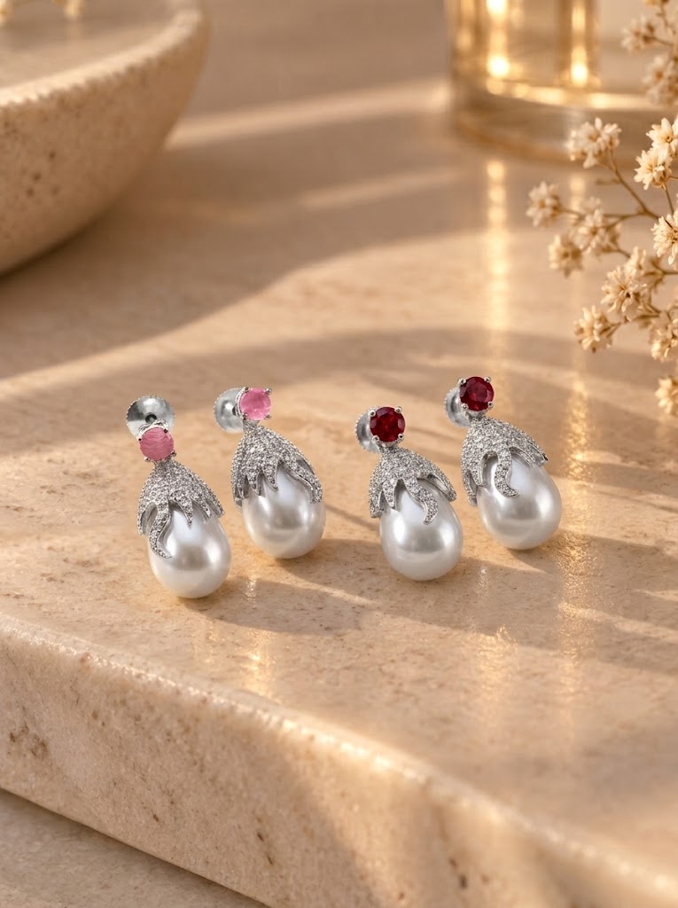 Four silver-toned earrings with white pearl drops and small pink or red gemstones, arranged on a beige stone surface with soft decorative props in the background.