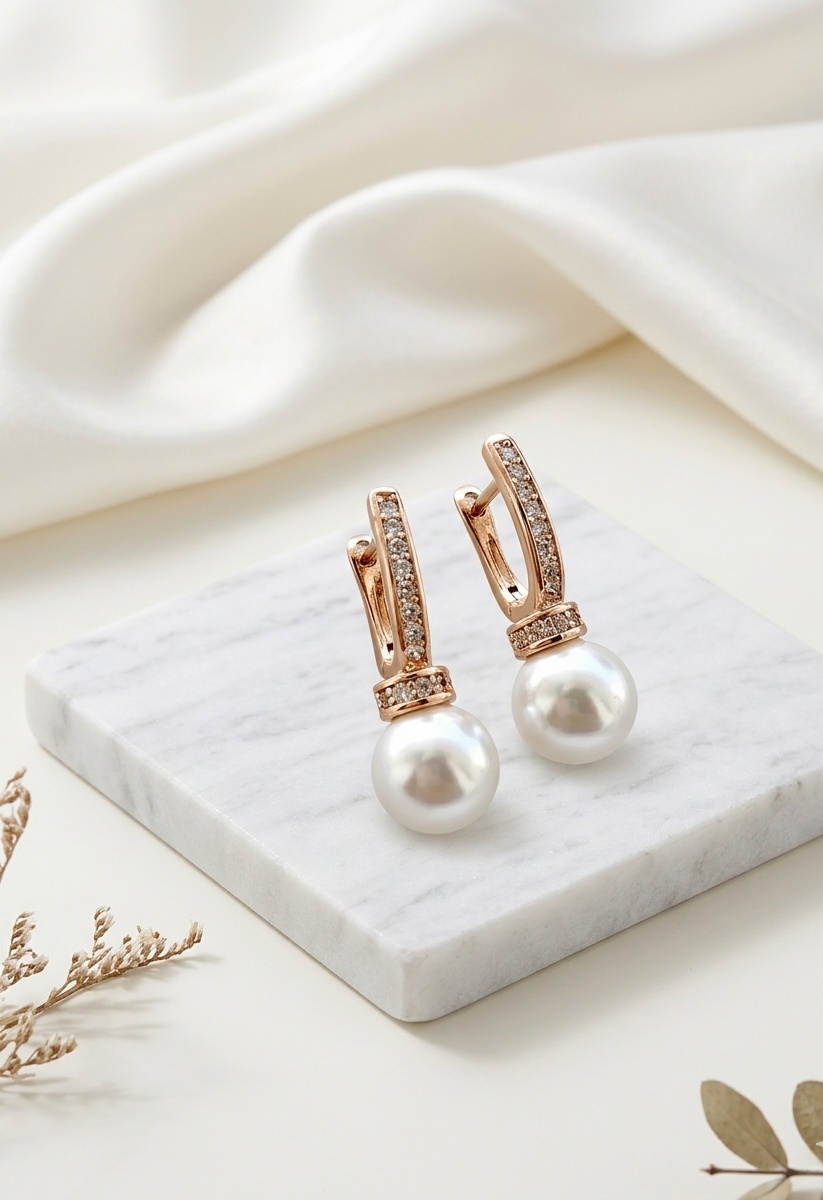 Renu rose gold plated studs with American diamonds and pearl accents