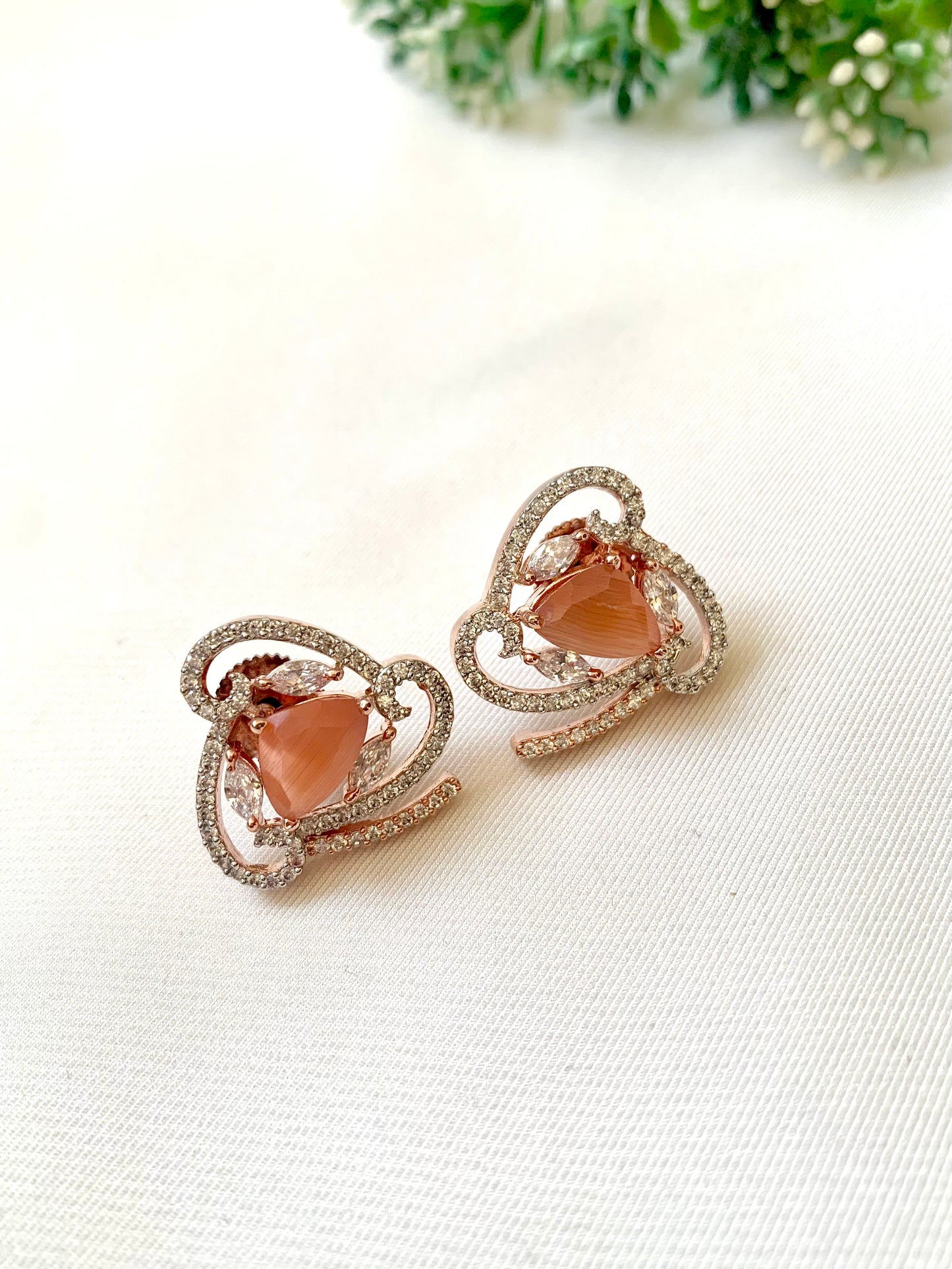 Reo handcrafted Onyx studs with American Diamonds in Orange, Sapphire and Pink, available in Rhodium and 22kt Rose Gold plating