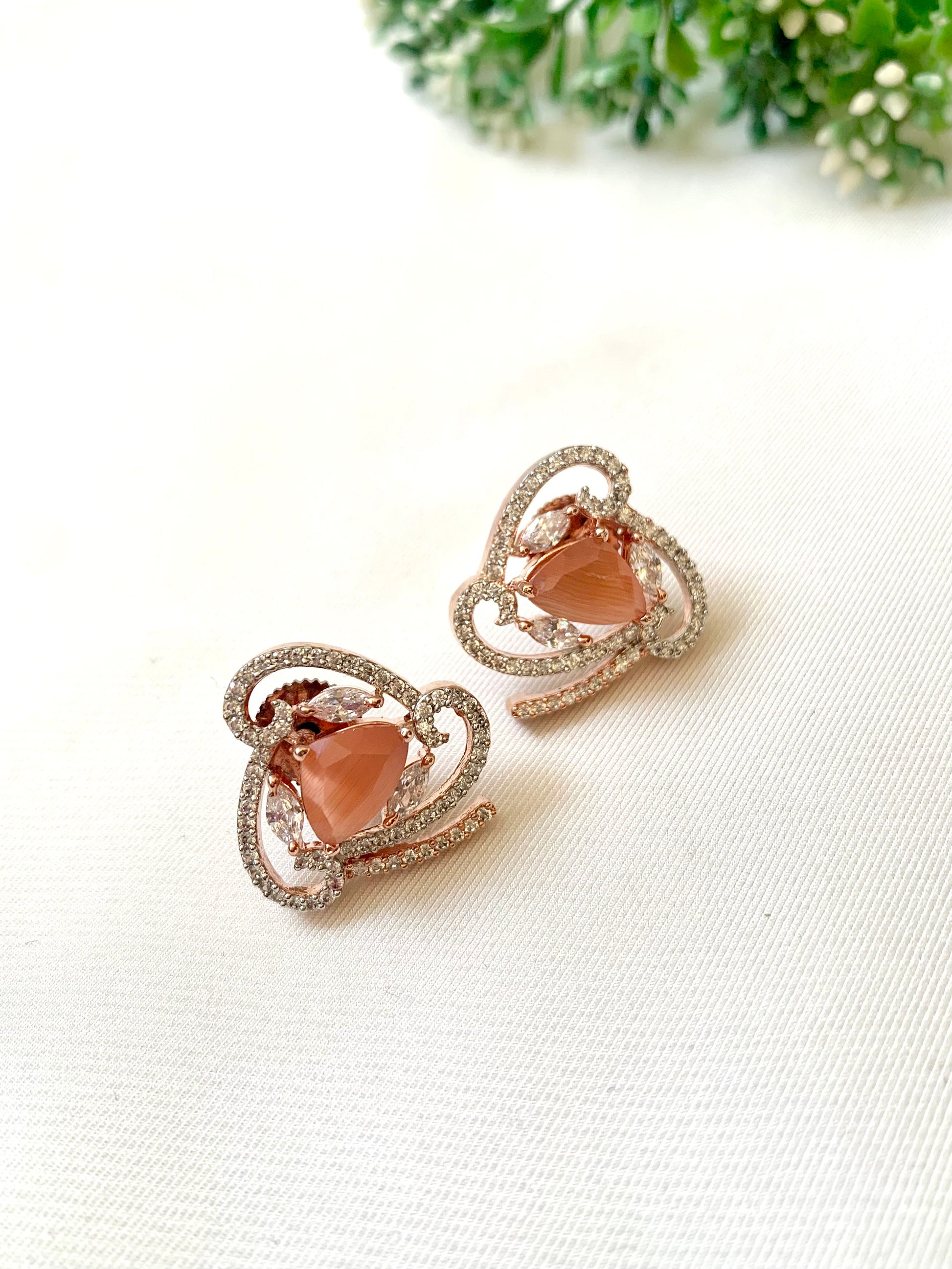 Reo handcrafted Onyx studs with American Diamonds in Orange, Sapphire and Pink, available in Rhodium and 22kt Rose Gold plating