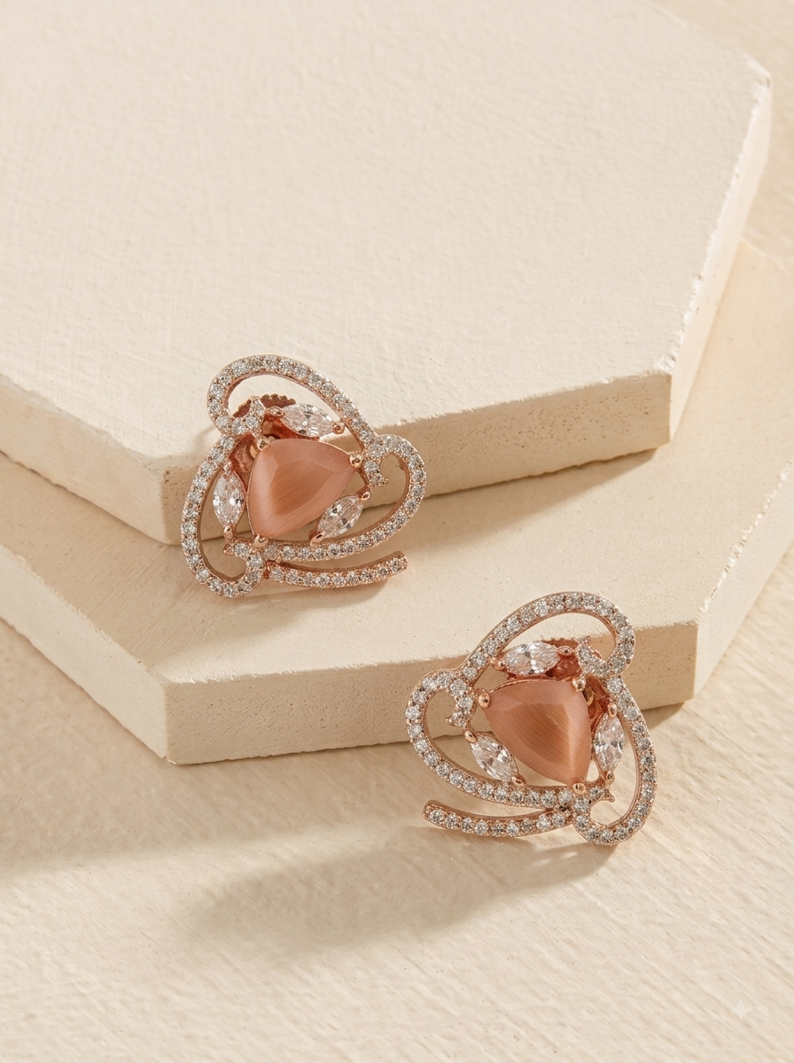 Reo handcrafted Onyx studs with American Diamonds in Orange, Sapphire and Pink, available in Rhodium and 22kt Rose Gold plating