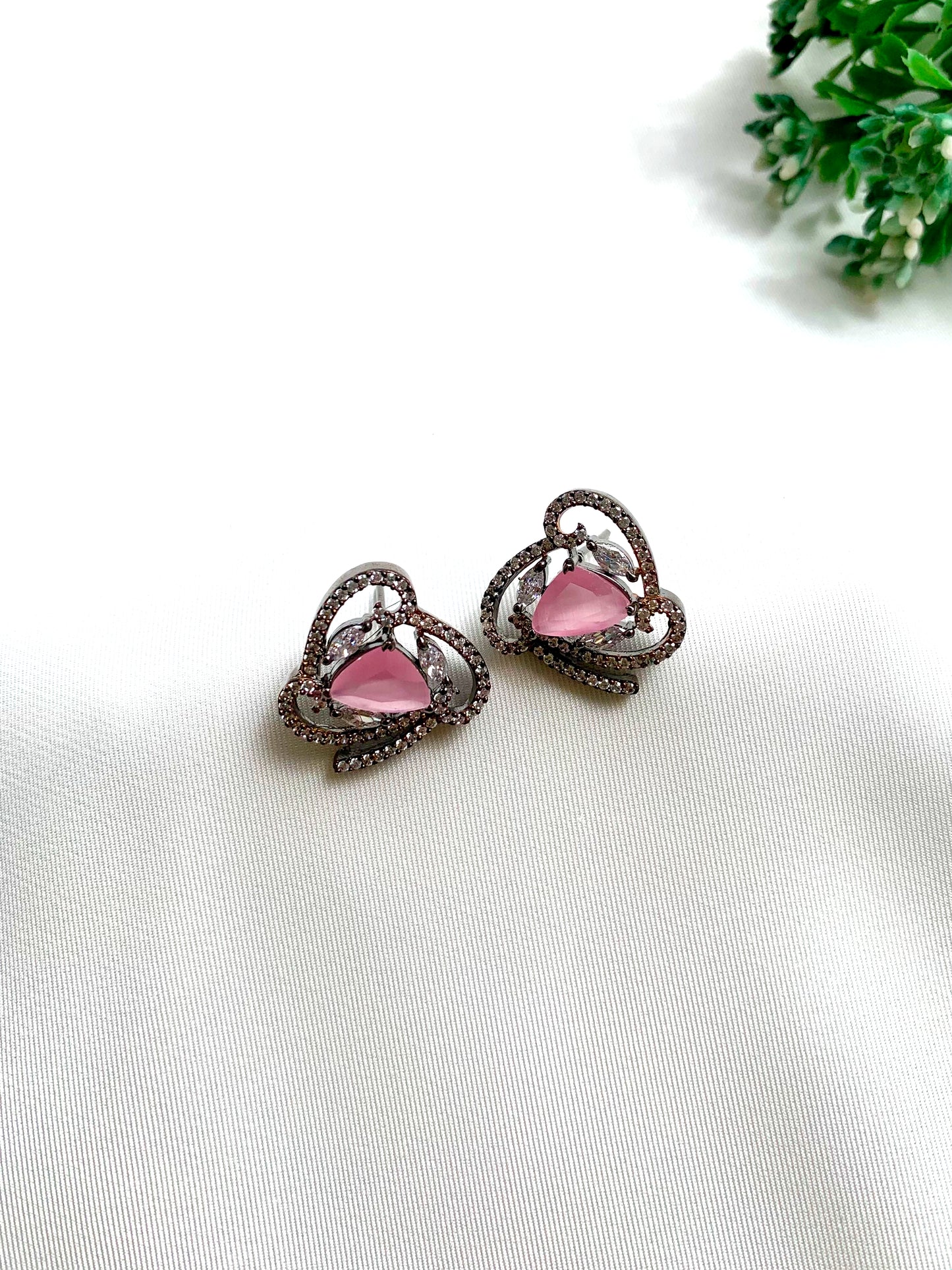 Reo handcrafted Onyx studs with American Diamonds in Orange, Sapphire and Pink, available in Rhodium and 22kt Rose Gold plating