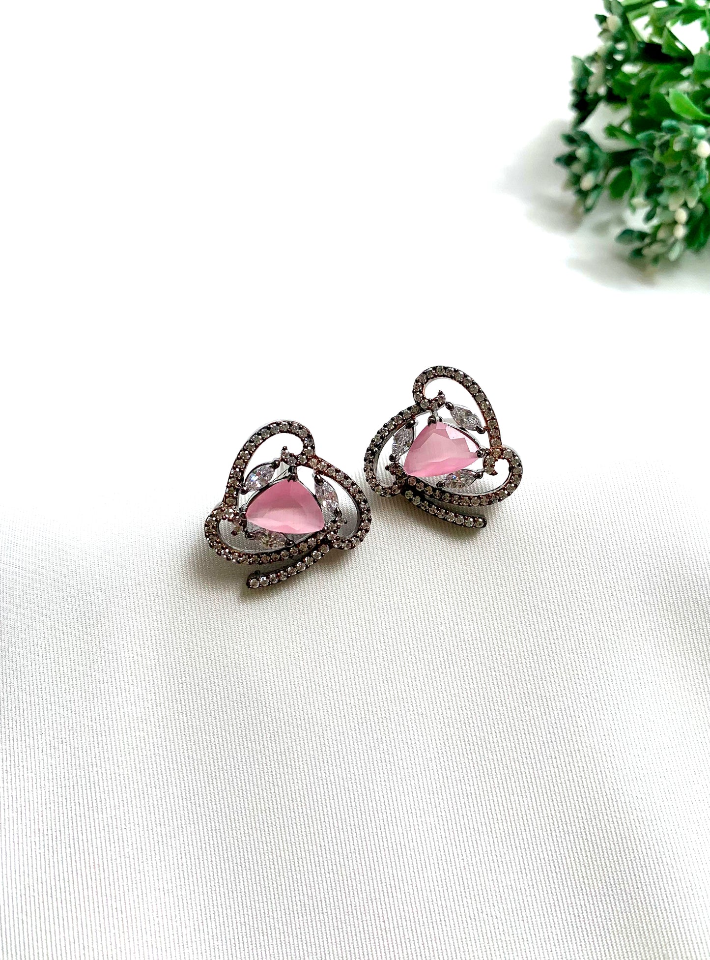 Reo handcrafted Onyx studs with American Diamonds in Orange, Sapphire and Pink, available in Rhodium and 22kt Rose Gold plating