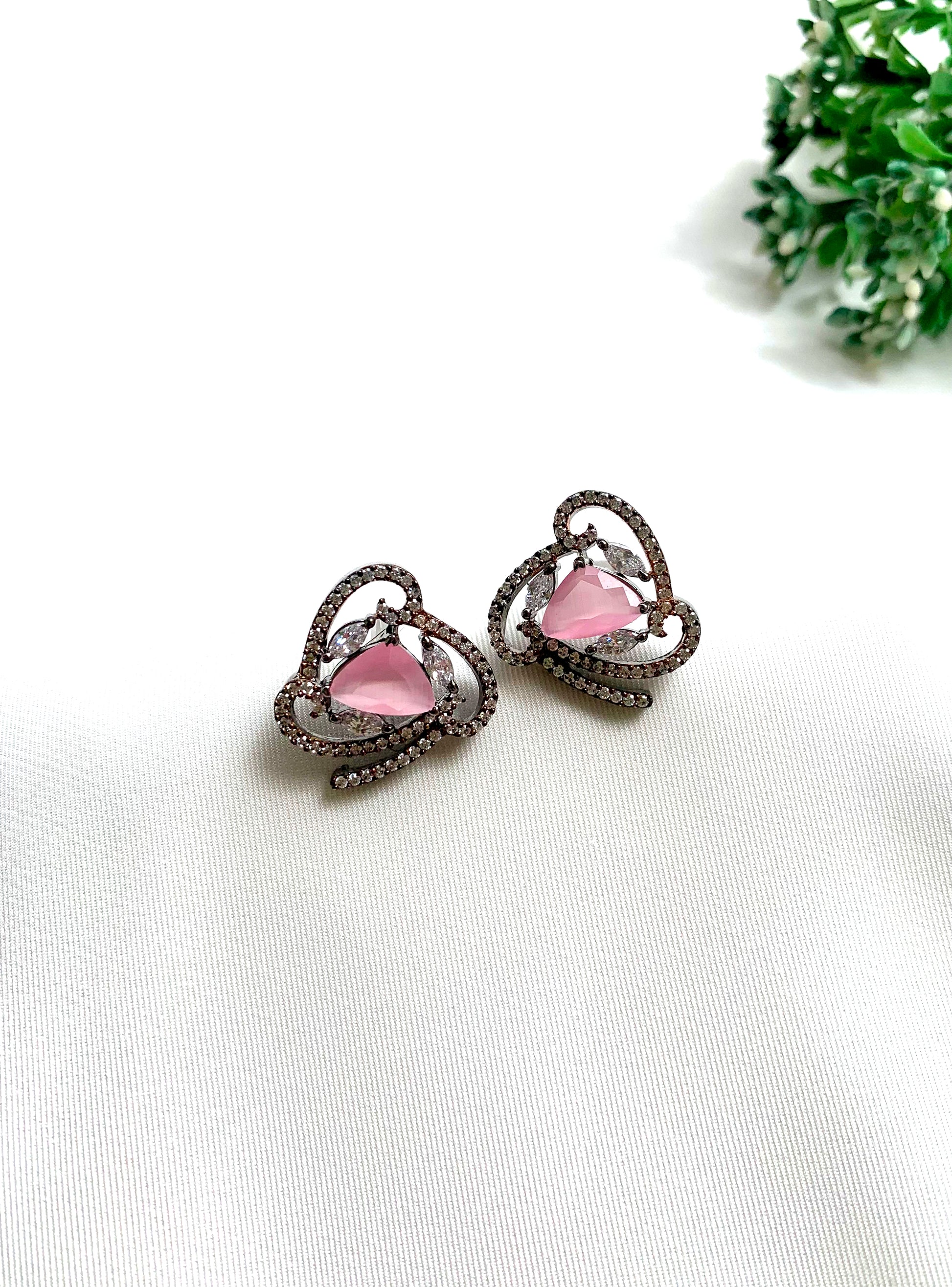 Reo handcrafted Onyx studs with American Diamonds in Orange, Sapphire and Pink, available in Rhodium and 22kt Rose Gold plating