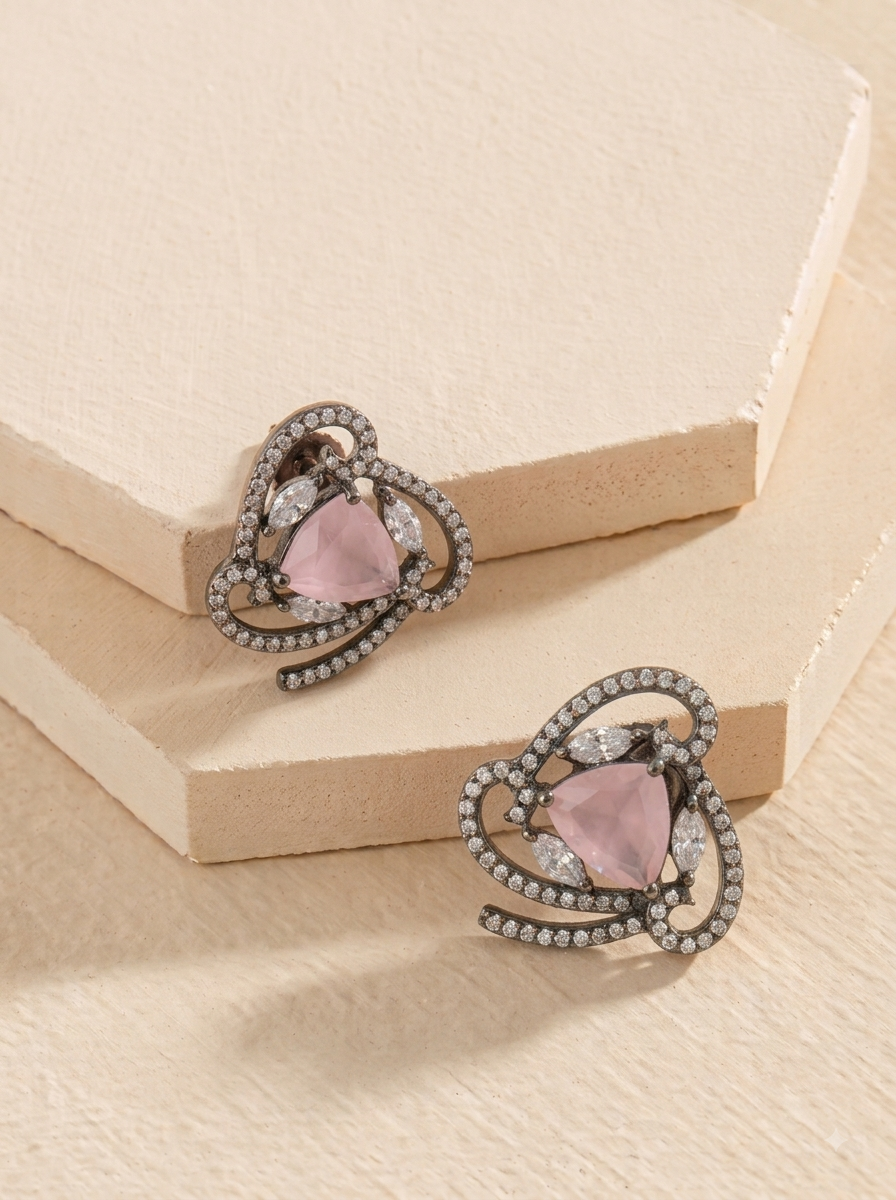 Reo handcrafted Onyx studs with American Diamonds in Orange, Sapphire and Pink, available in Rhodium and 22kt Rose Gold plating