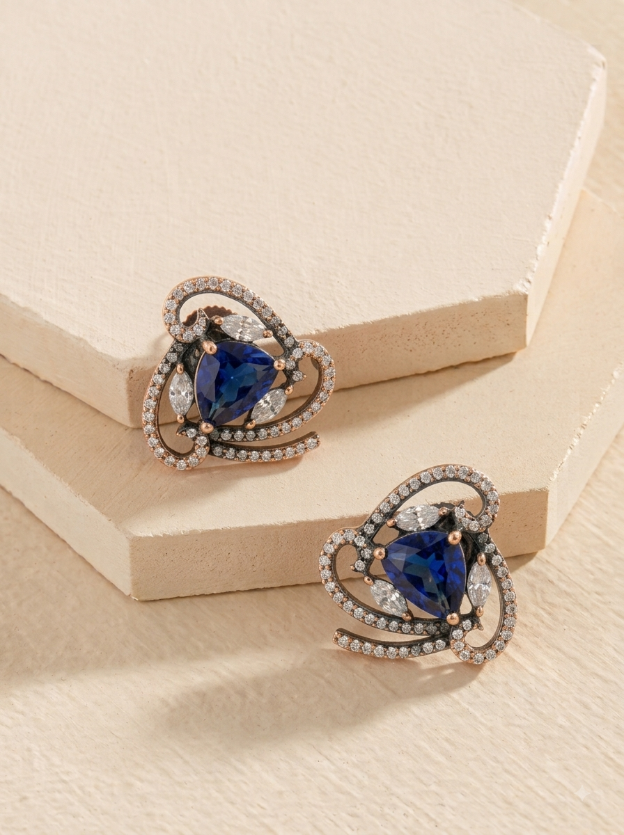 Reo handcrafted Onyx studs with American Diamonds in Orange, Sapphire and Pink, available in Rhodium and 22kt Rose Gold plating