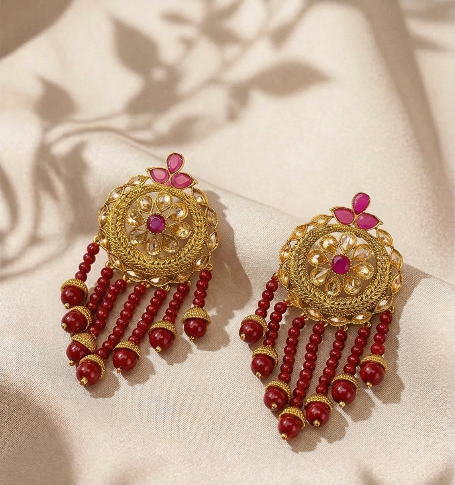 Rihana handcrafted 22kt gold plated earrings with semi-precious Polki and Ruby stones