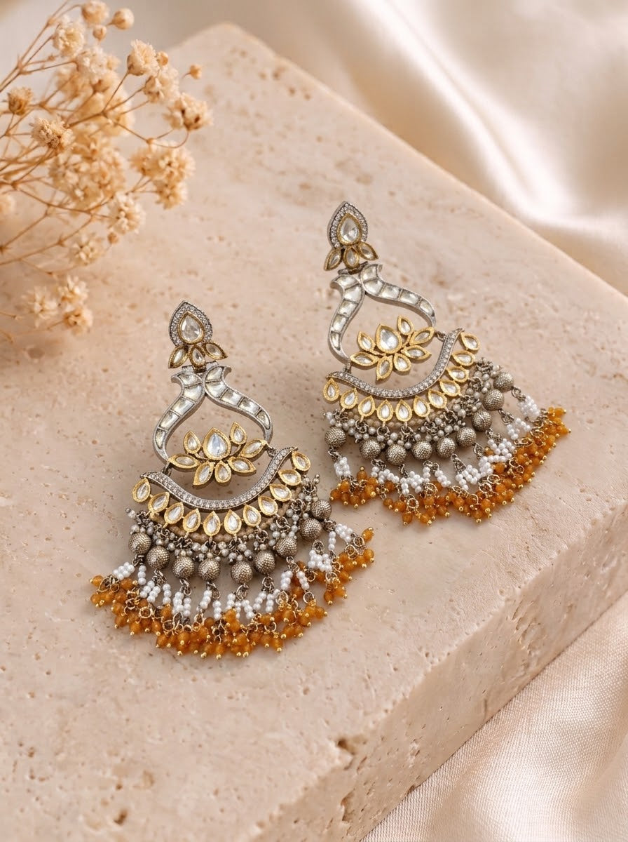 Rimah handcrafted 22kt Gold and Rhodium plated Polki Kundan earrings with Pearls and Onyx