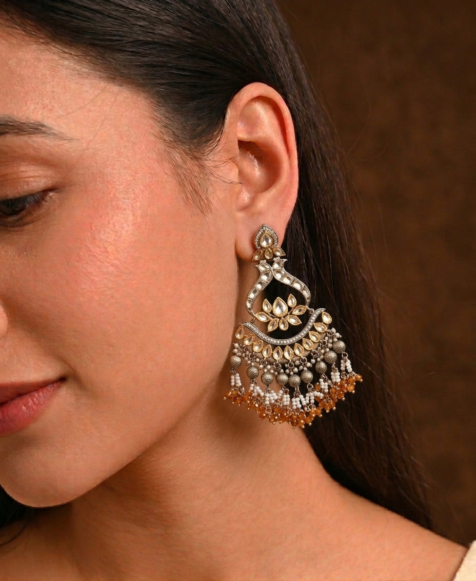 Rimah handcrafted 22kt Gold and Rhodium plated Polki Kundan earrings with Pearls and Onyx