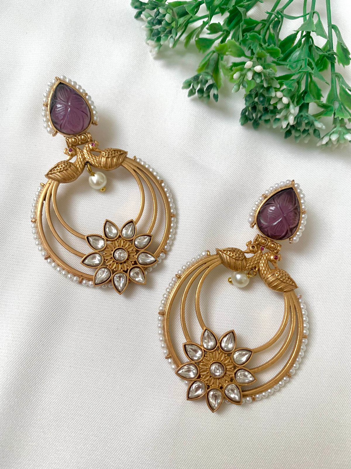 Romeesa handcrafted Polki Kundan earrings with Pearls and hand-carved Amethyst